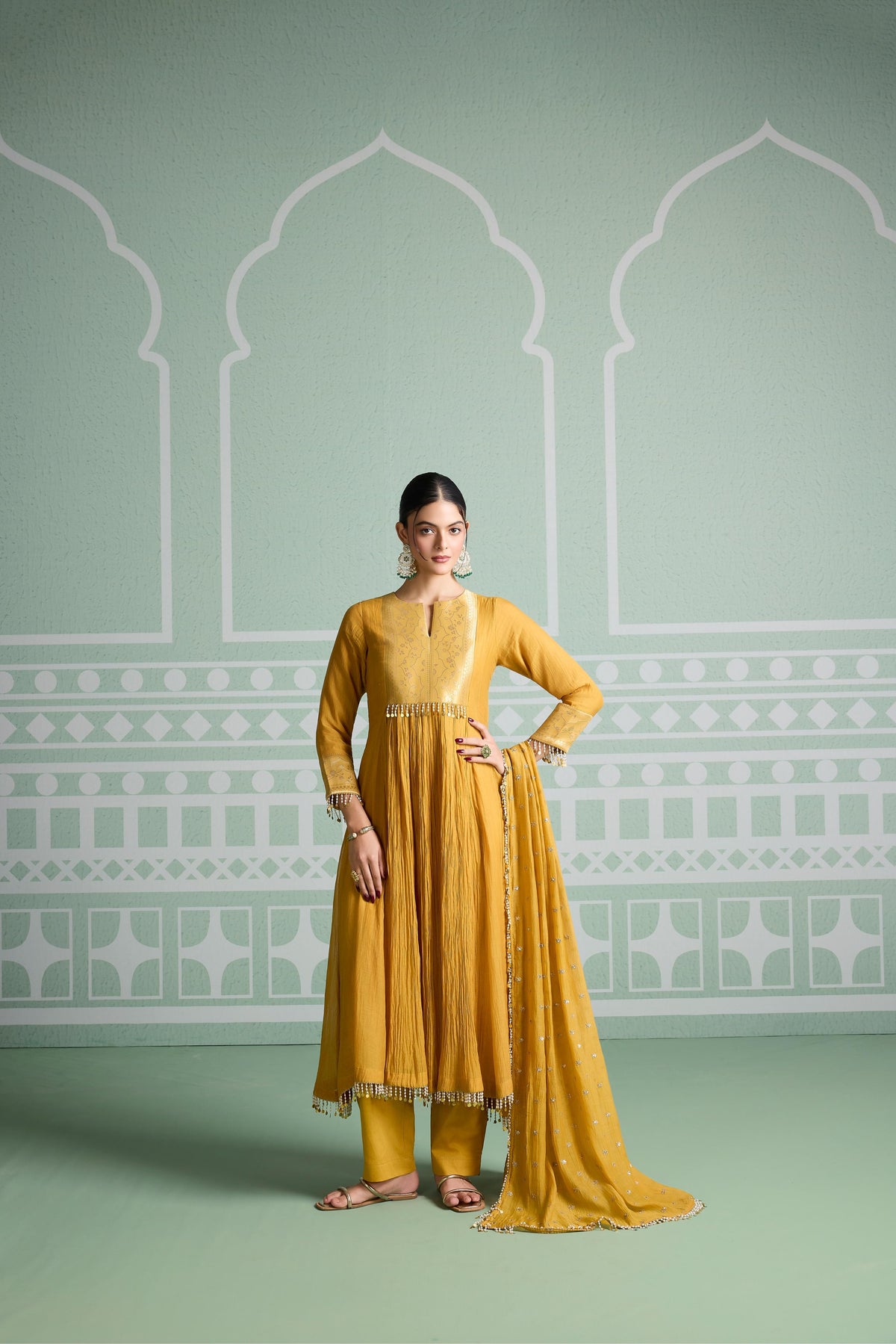 Mustard Yellow Embellsihed Mul Chanderi Silk Anarkali Set