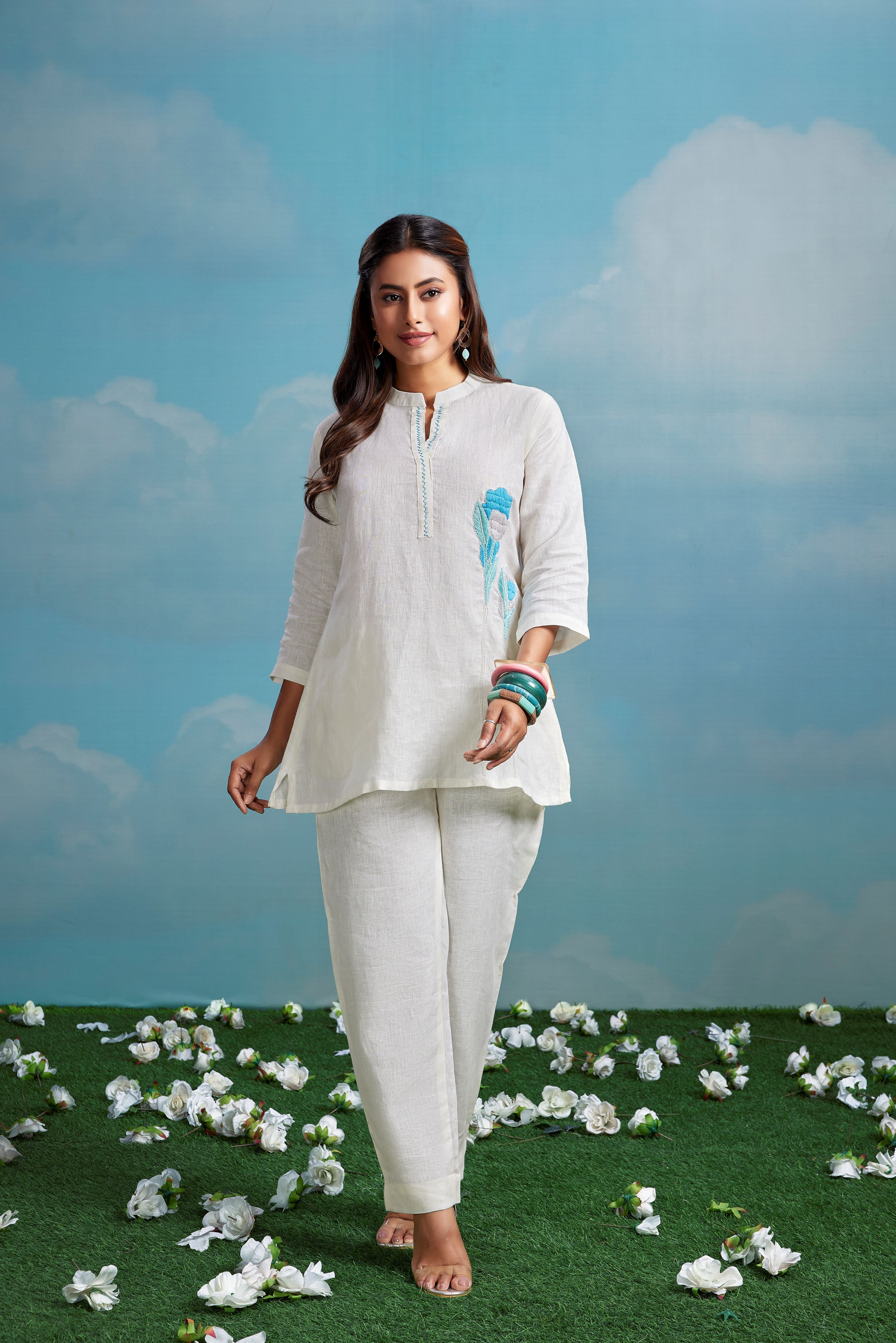 Ivory Azure Embroidered Linen Co-Ord Set