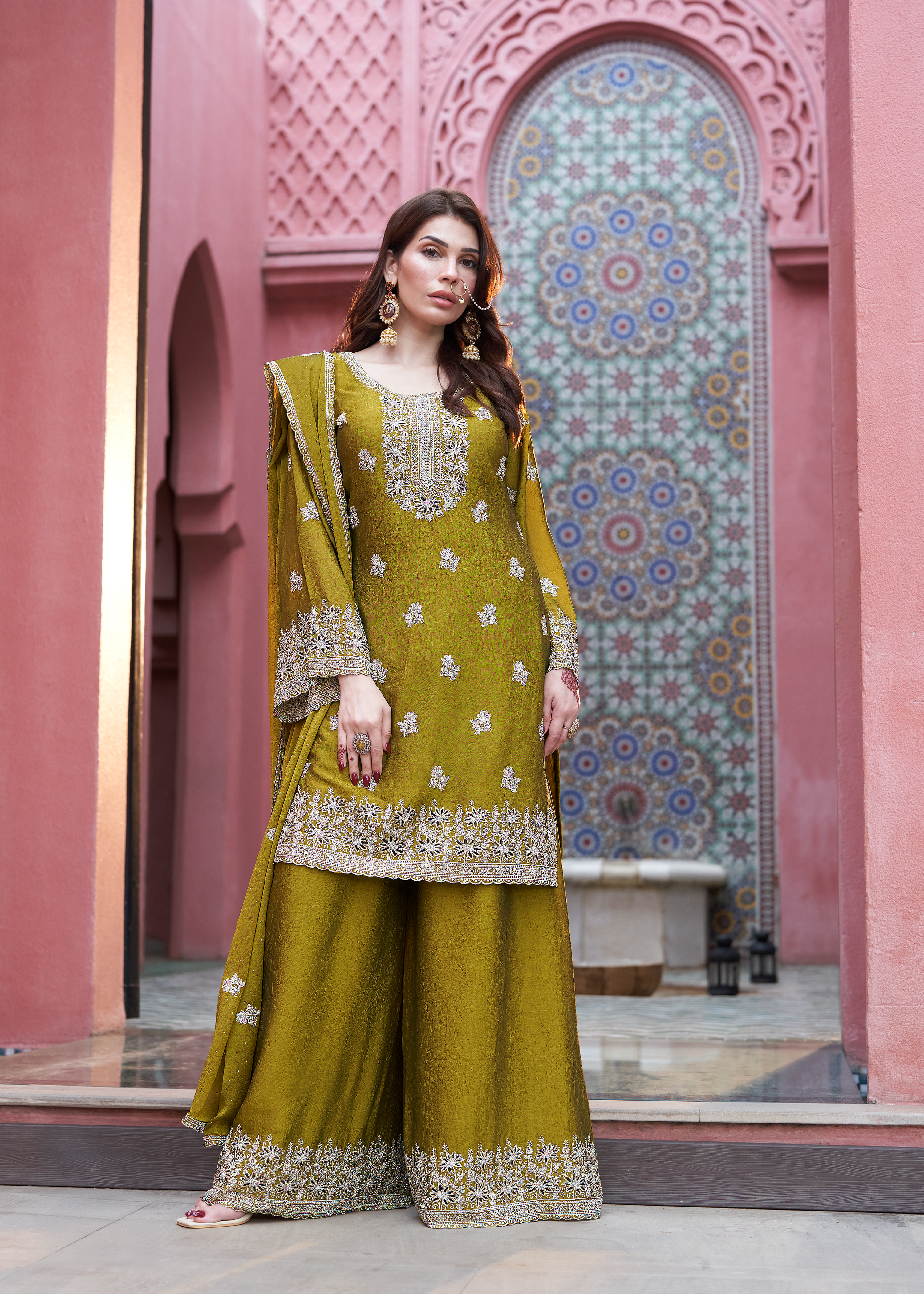 Gul-e-Basanti Embellished Crushed Silk Palazzo Set