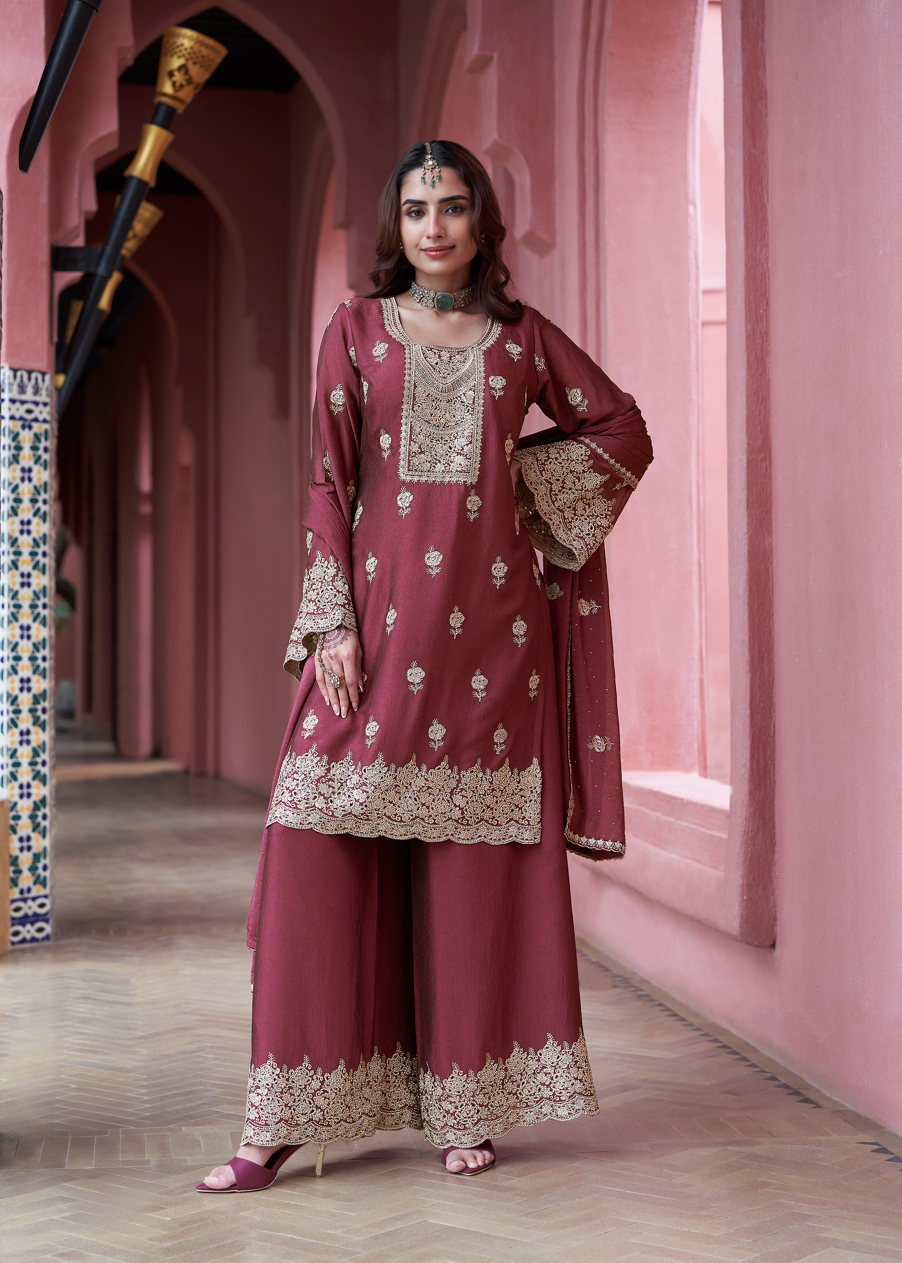 Merlot Red Embellished Crushed Silk Palazzo Set