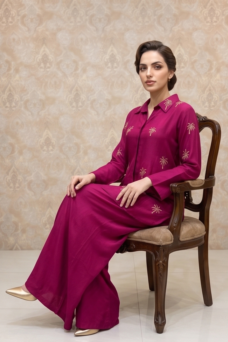 Magenta Pink Embellished Crepe Silk Co-Ord Set