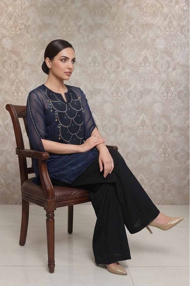 Midnight Blue Embellished Tissue Silk Palazzo Set