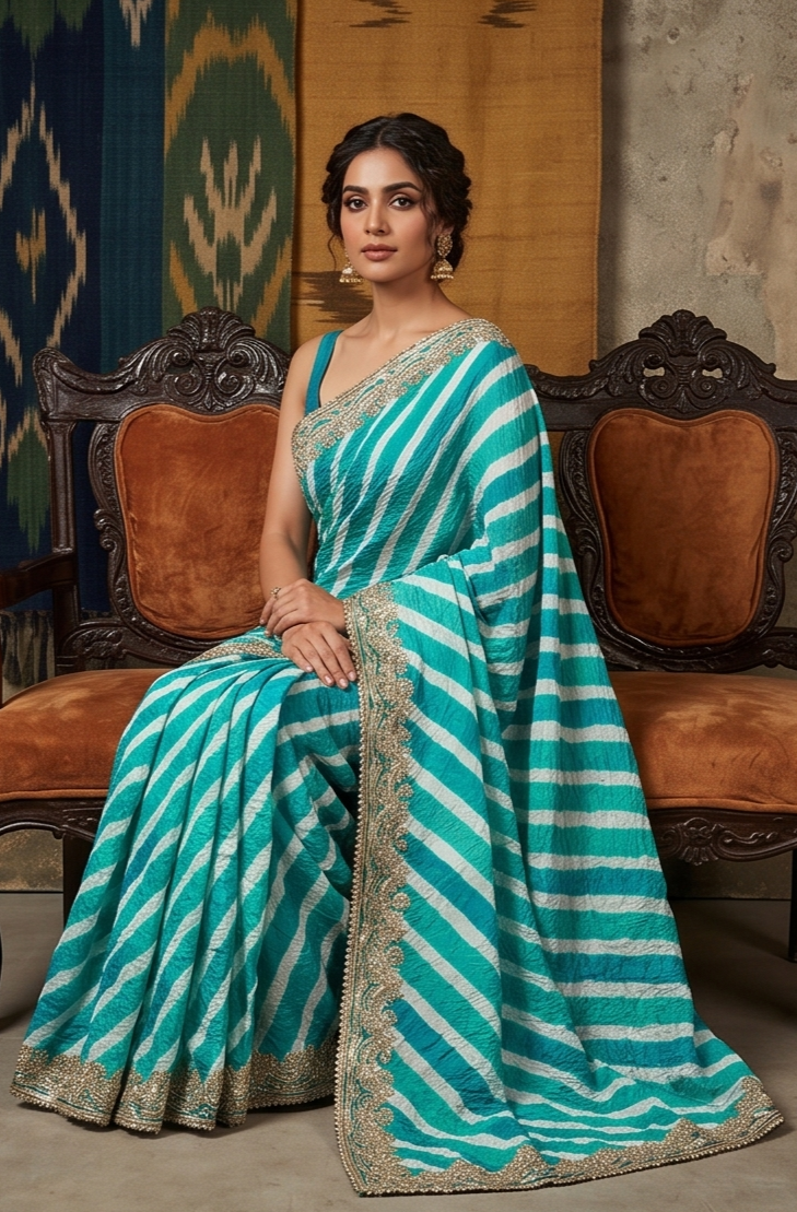 Seafoam Green Embellished Tussar Silk Leheriya Saree