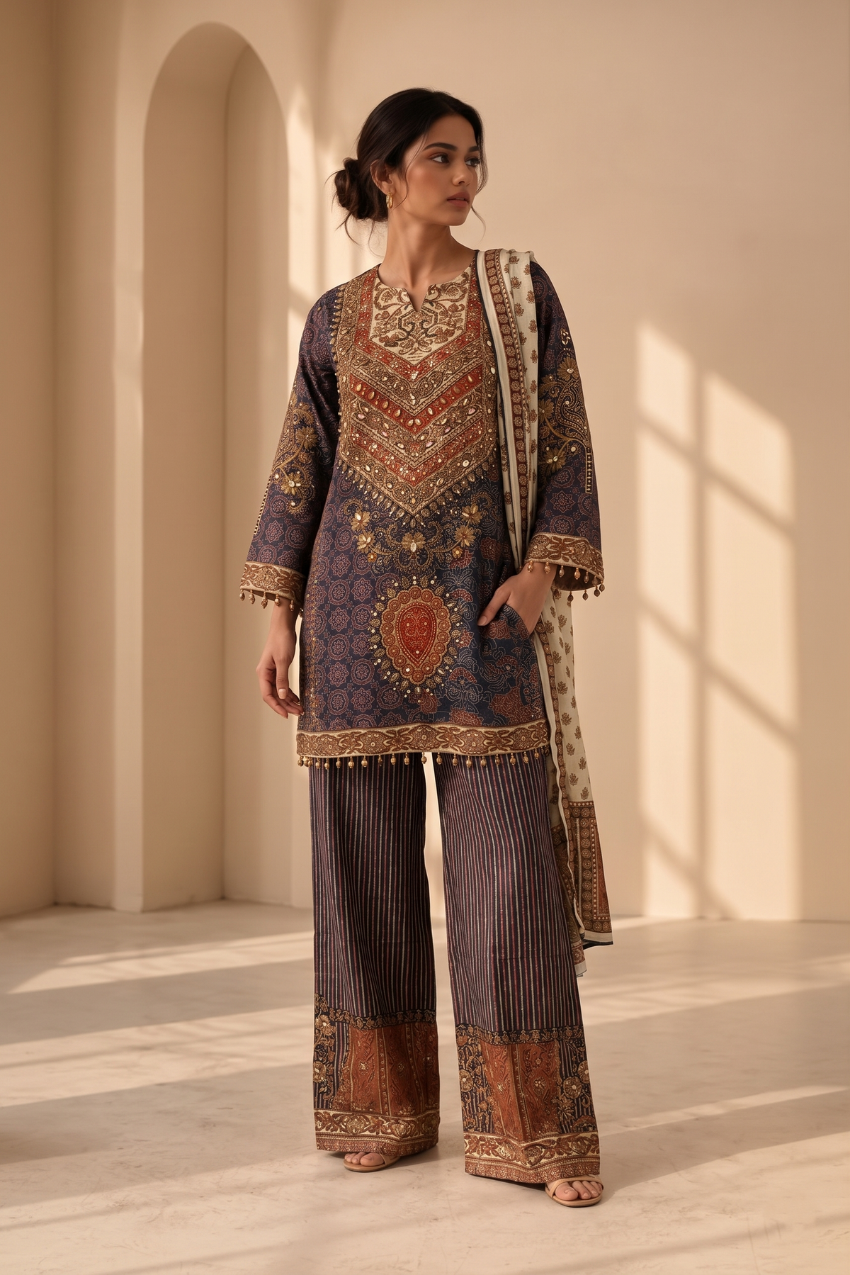 Navy and Rust Embellished Crepe Silk Suit Set