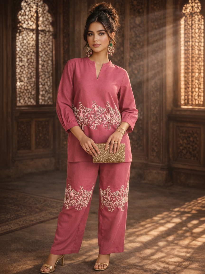 Dusky Rose Embroidered Cotton Co-Ord Set