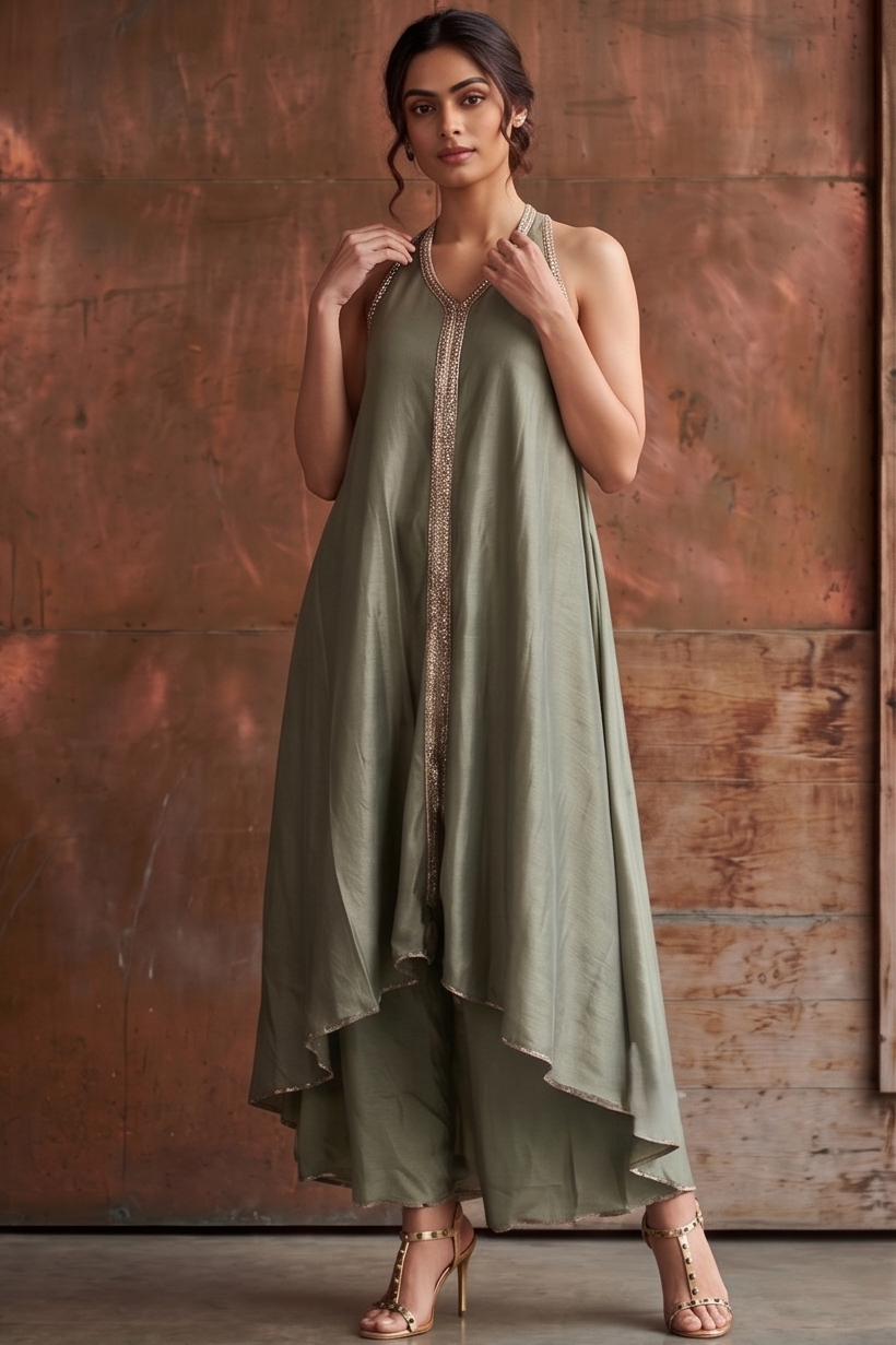 Olive Grey Embellished Shimmer Silk Co-ord Set
