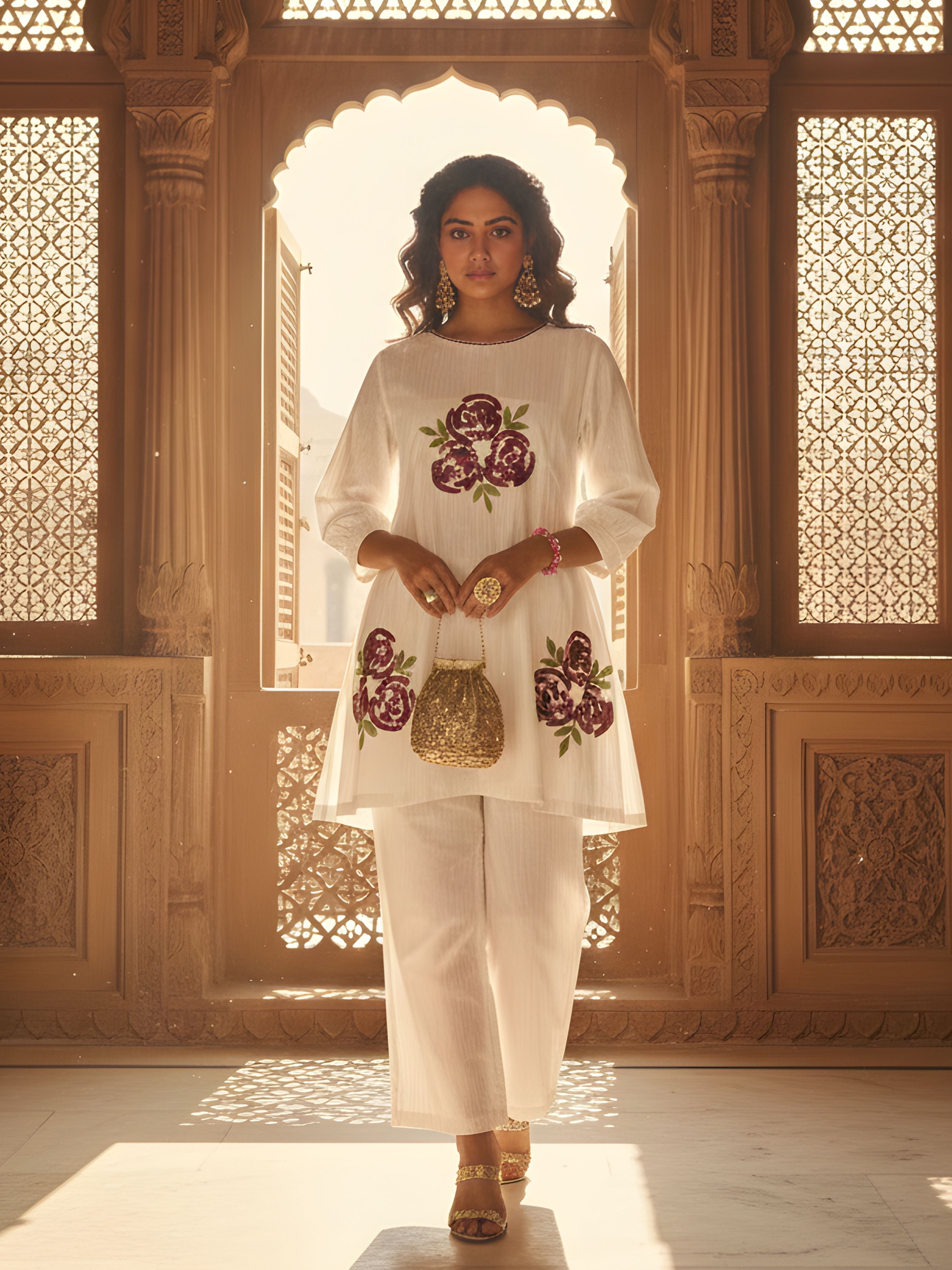 White Floral Embroidered Cotton Co-Ord Set