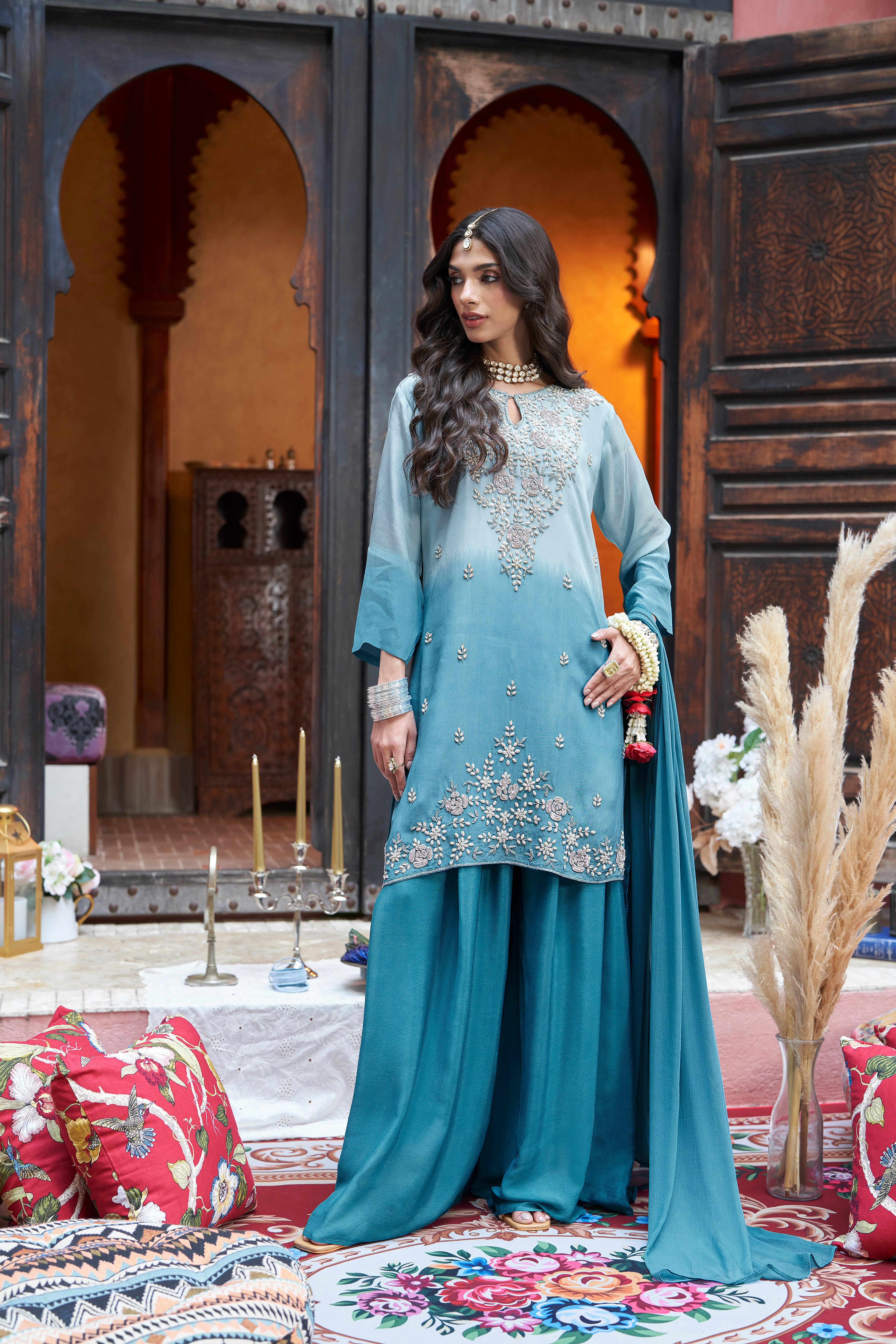 Sky Ombre Embellished Crepe Silk Palazzo Set