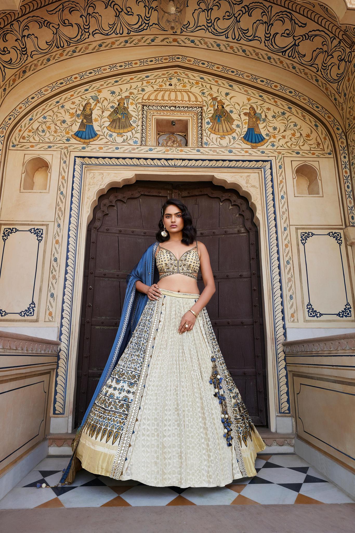 White Embroidered Raw Silk Lehenga Set