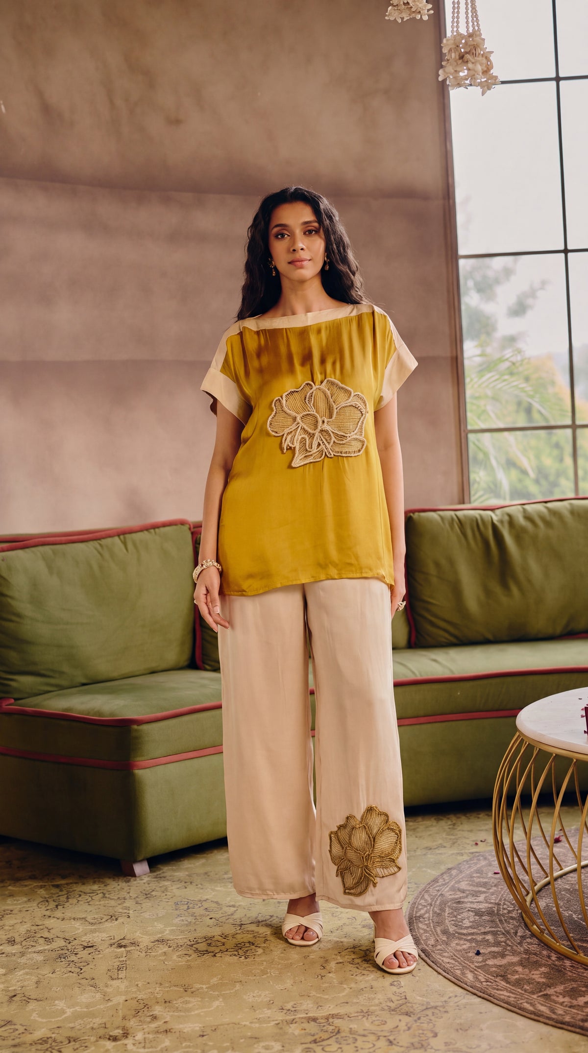 Mustard Ivory Embellished Satin Silk Co-Ord Set