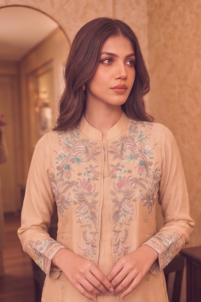 Dusty Peach Embellished Chinon Silk Palazzo Set