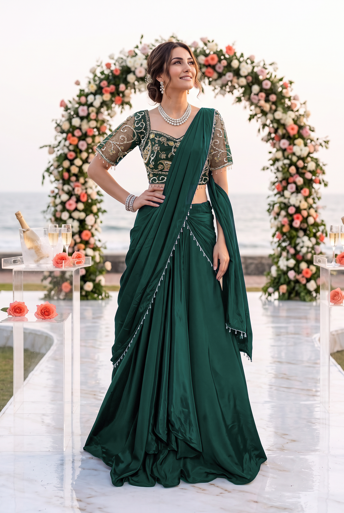 Emerald Green Emerald Green Embellished Crepe Silk Skirt Set