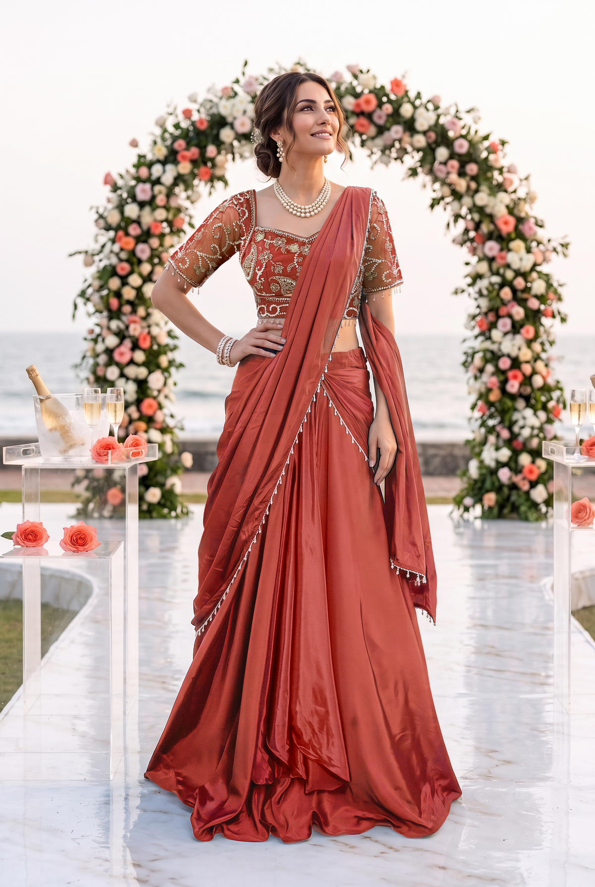 Terracotta Rust Embellished Crepe Silk Skirt Set `