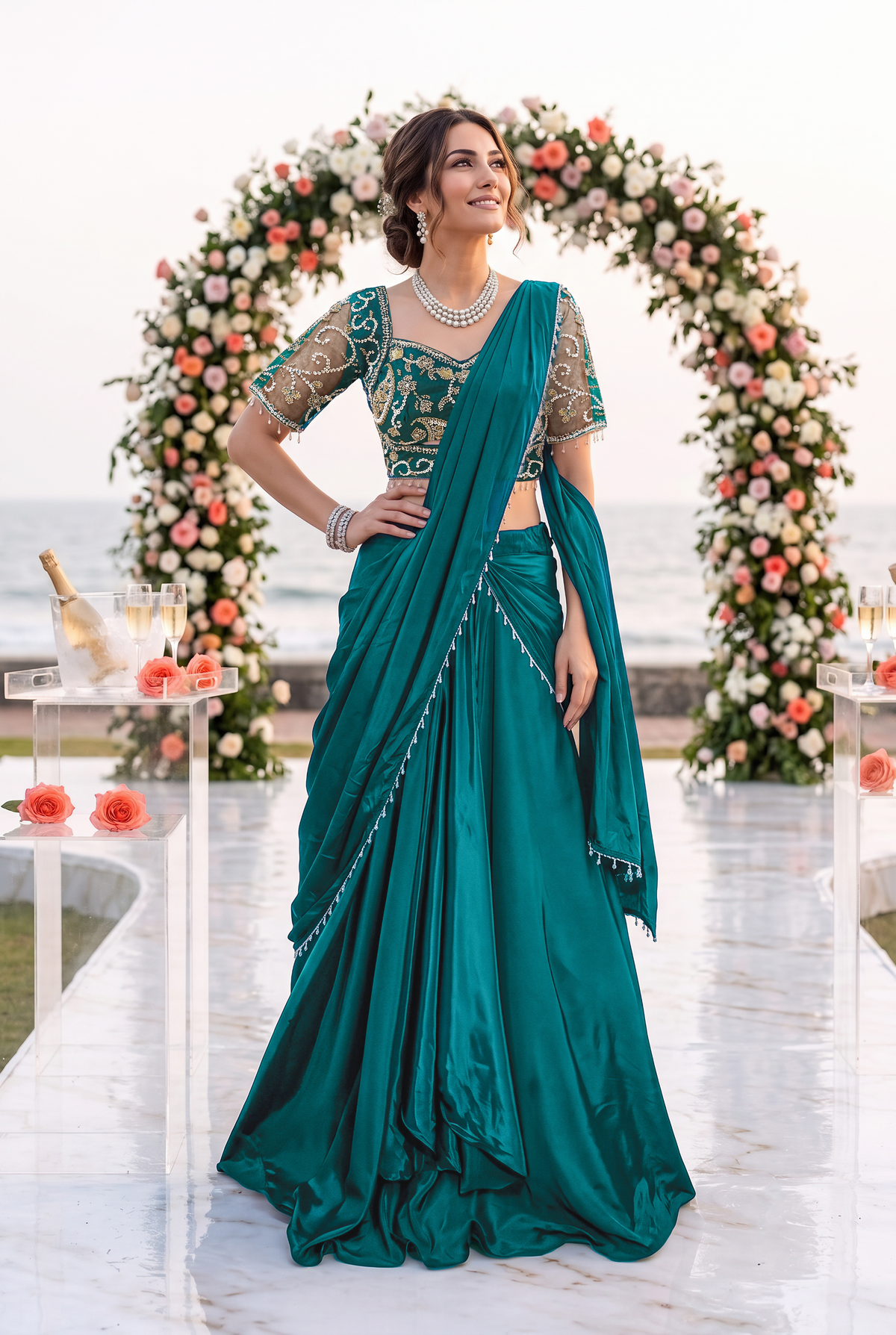 Vibrant Teal Embellished Crepe Silk Skirt Set