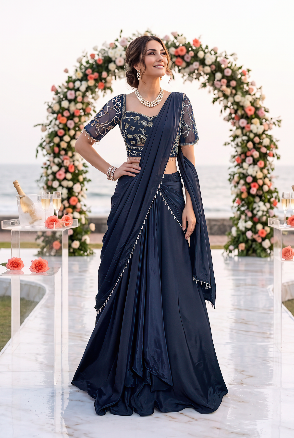 Deep Navy Embellished Crepe Silk Skirt Set