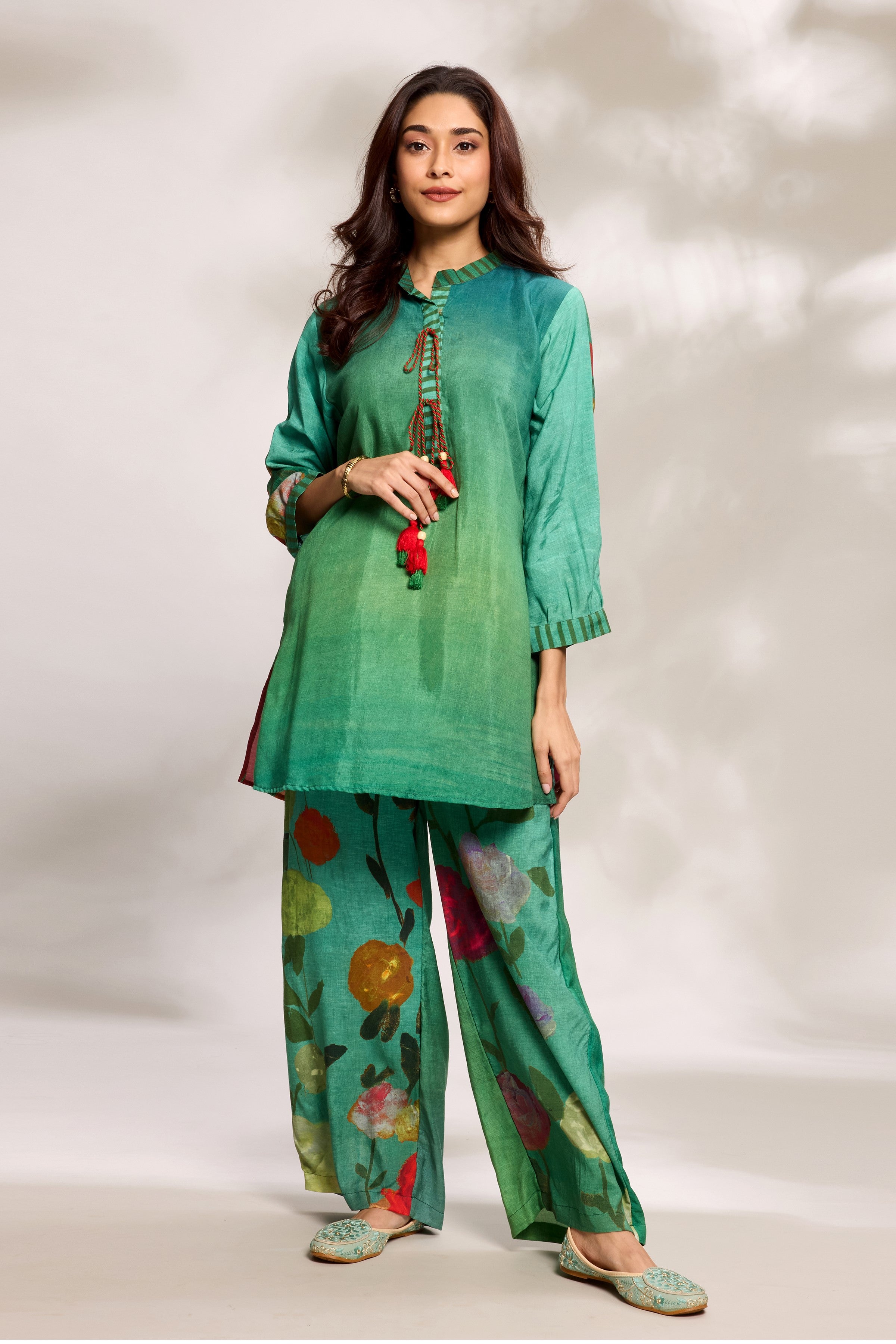 Green Top & Panelled Trousers Set