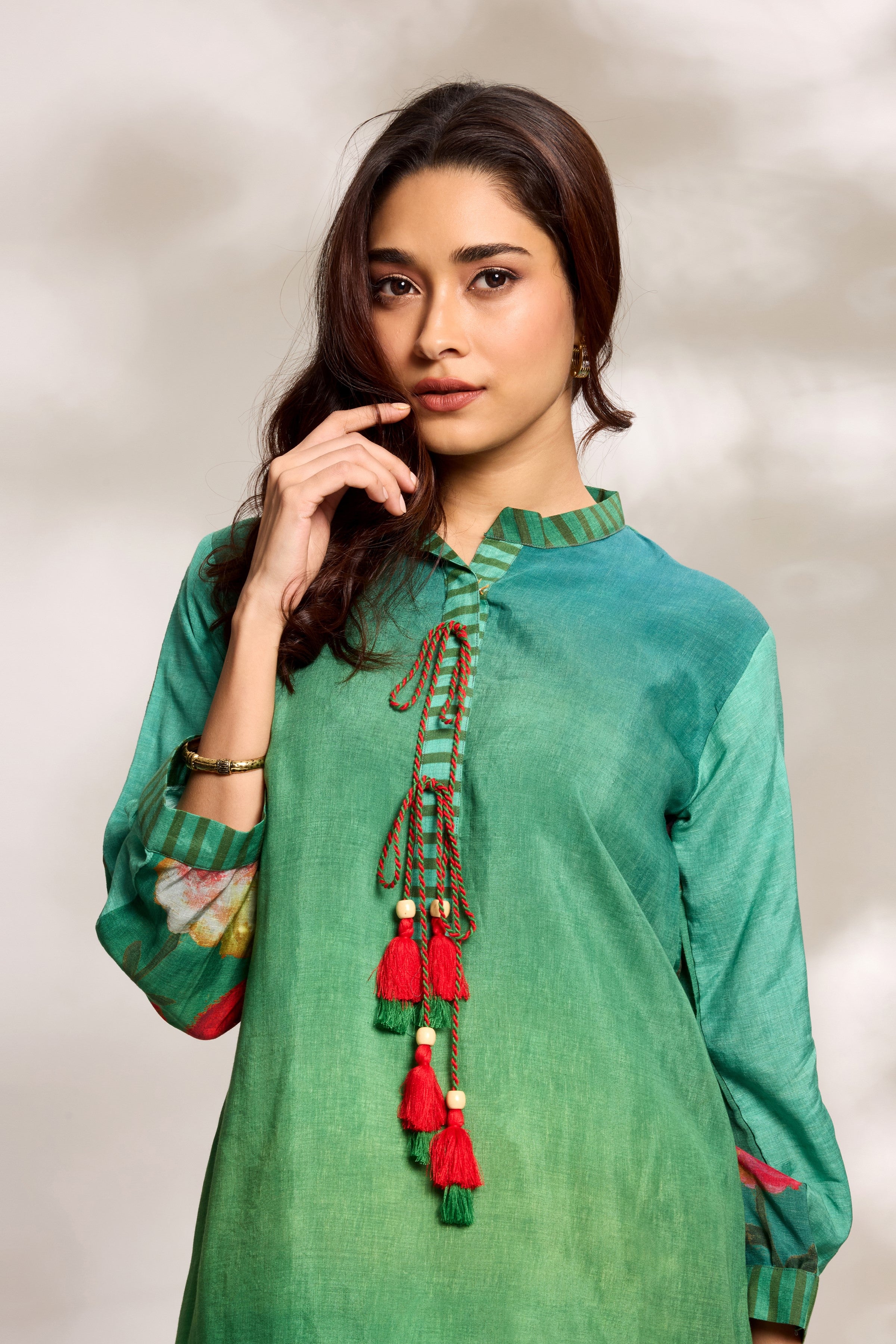 Green Top & Panelled Trousers Set