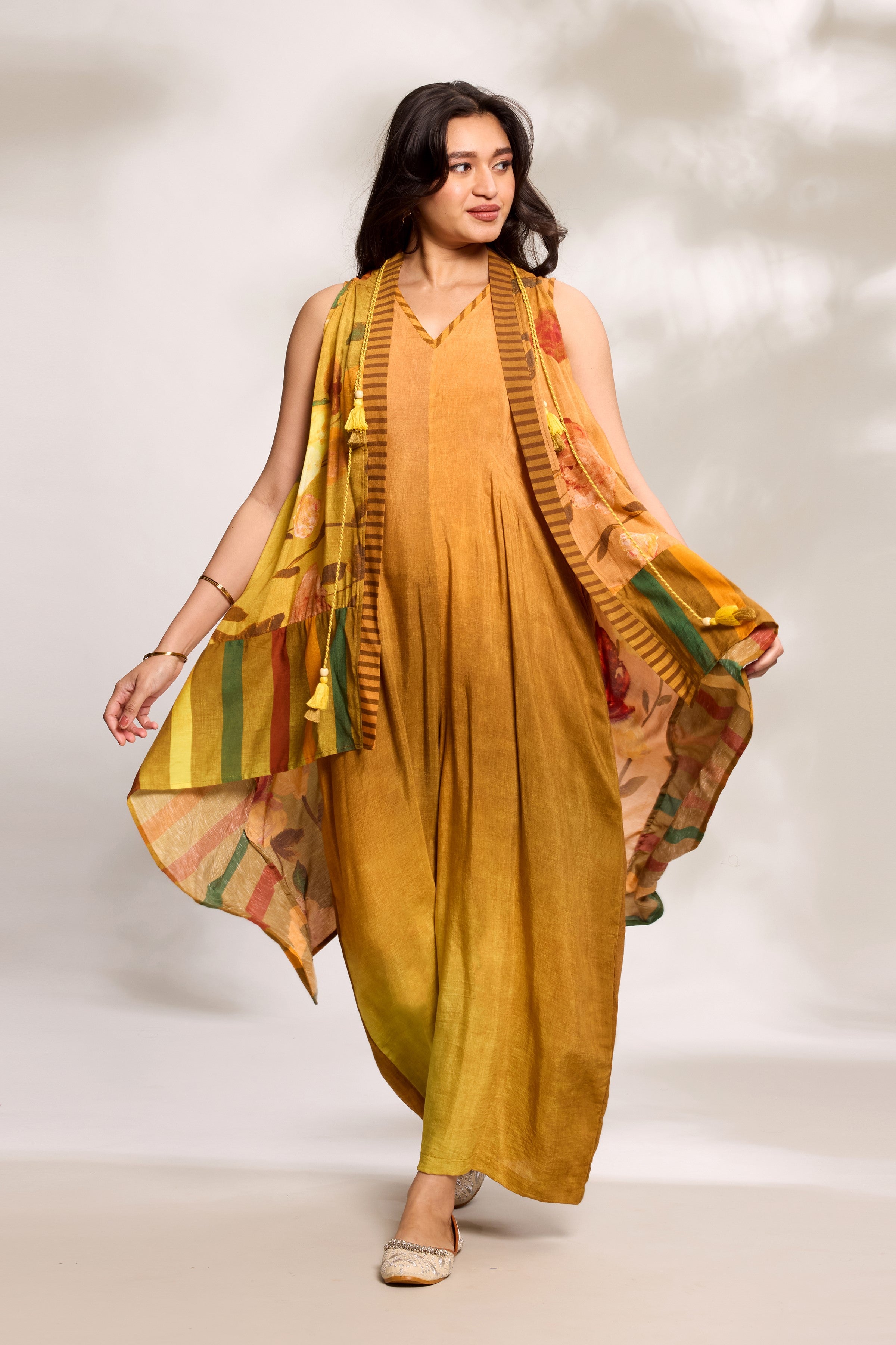 Mustard Printed Cape Jumpsuit
