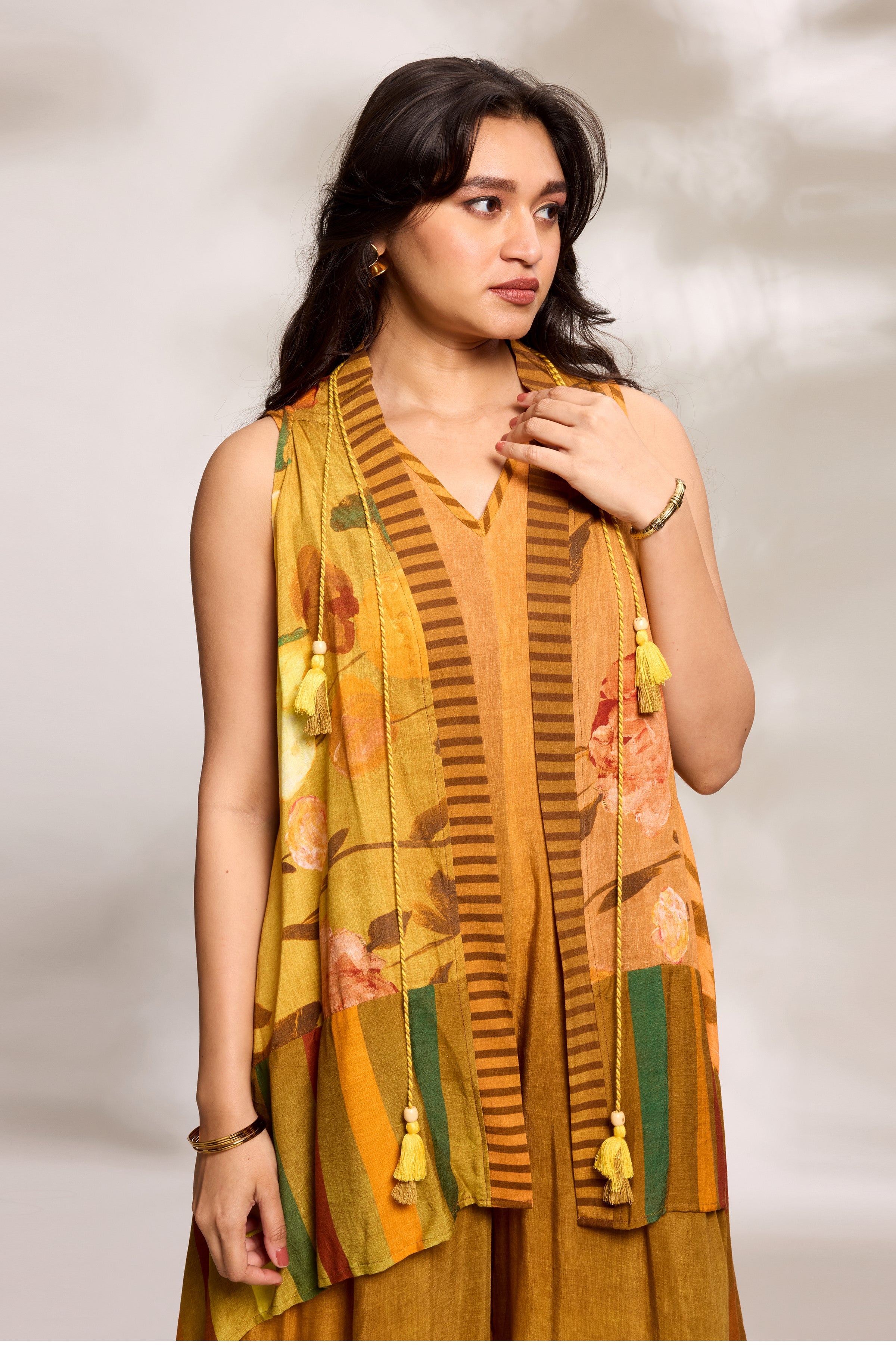 Mustard Printed Cape Jumpsuit
