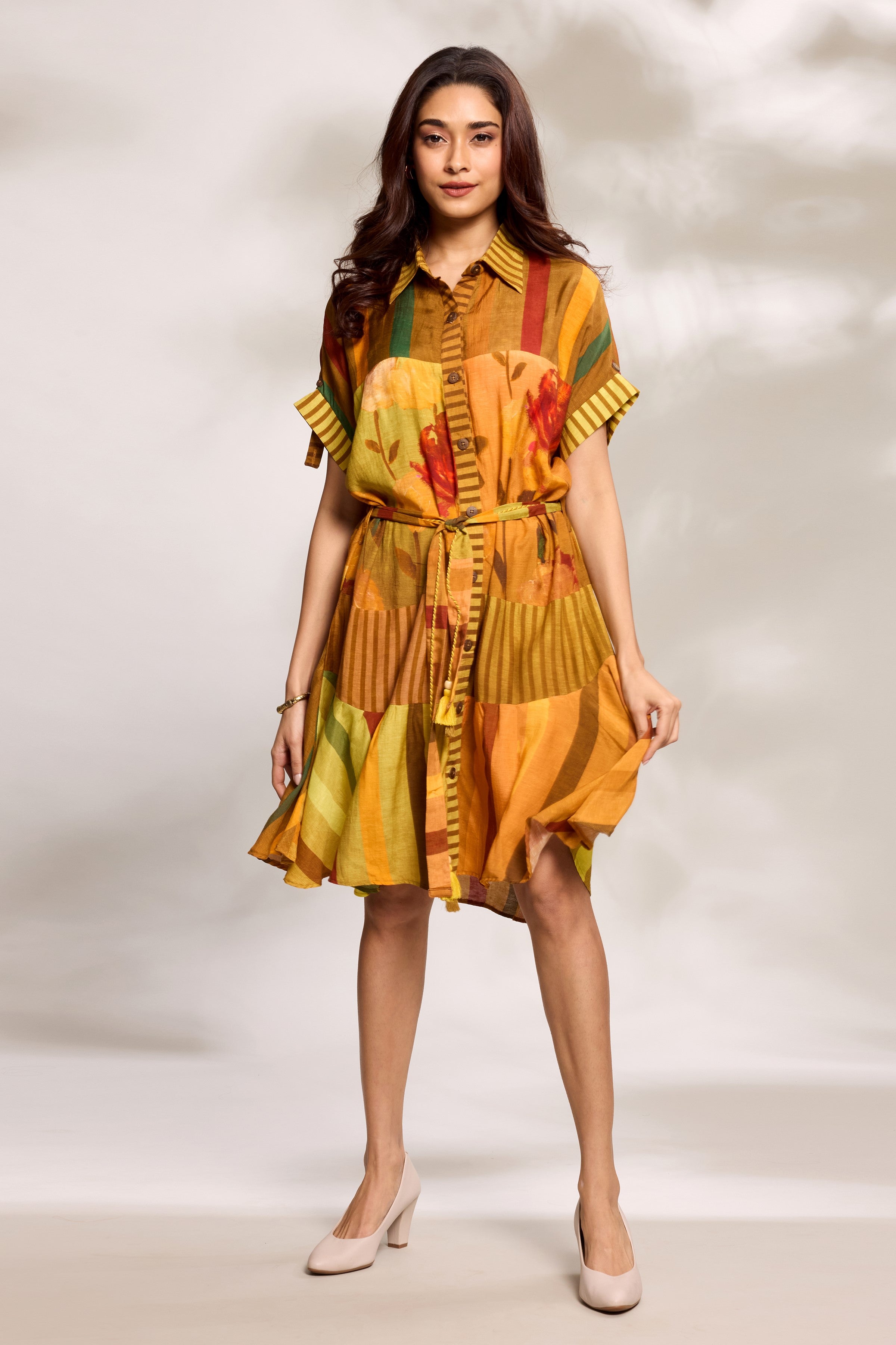 Mustard Printed Tiered Dress