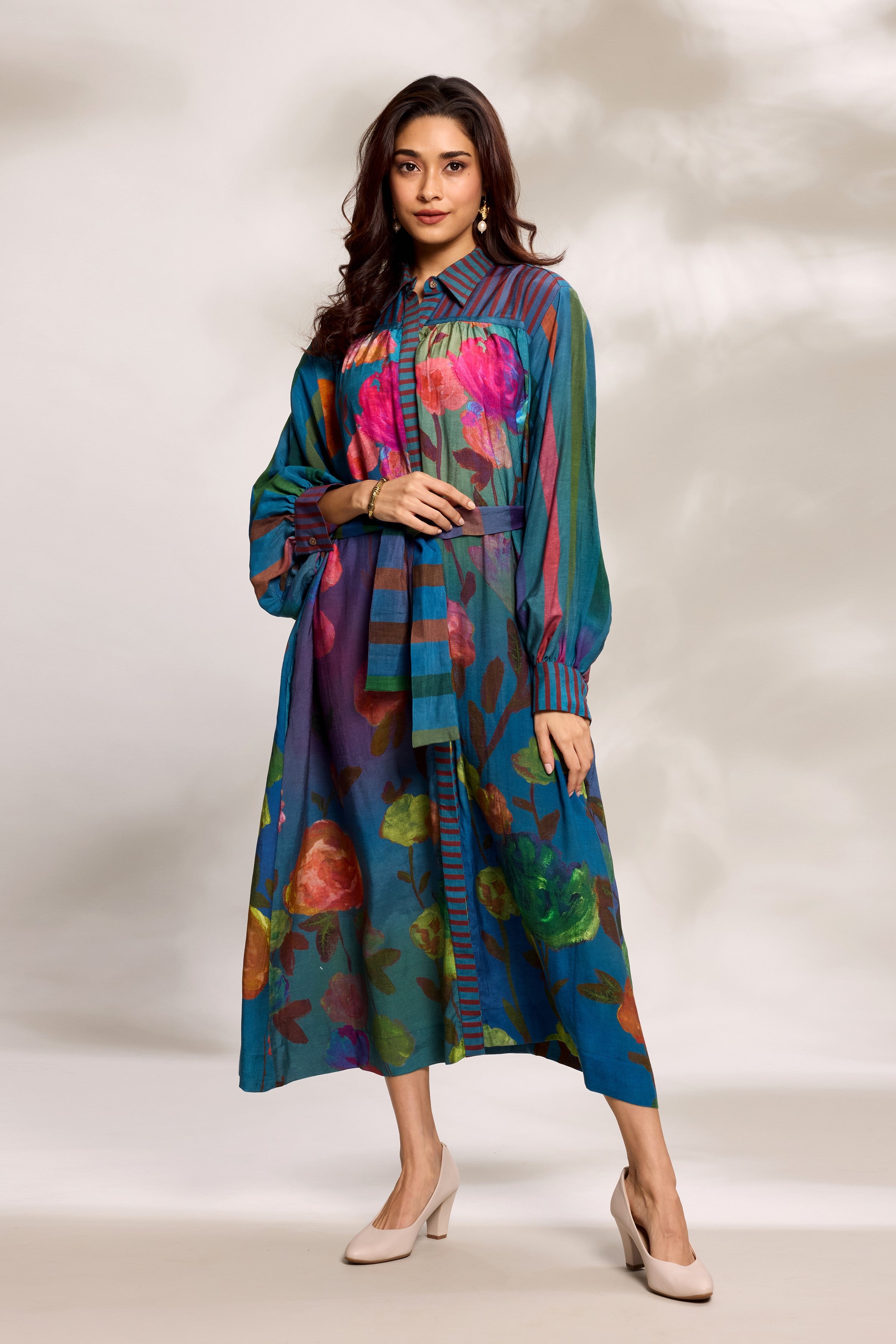 Cobalt Printed Midi Shirt Dress