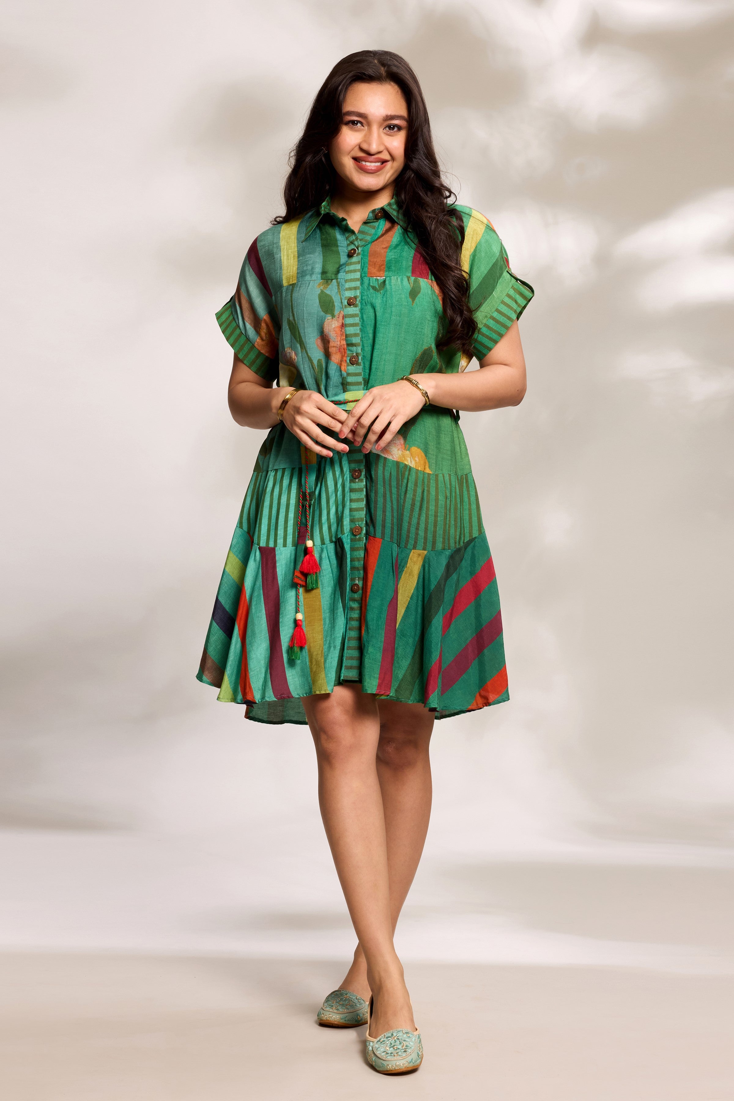 Green Printed Tiered Dress