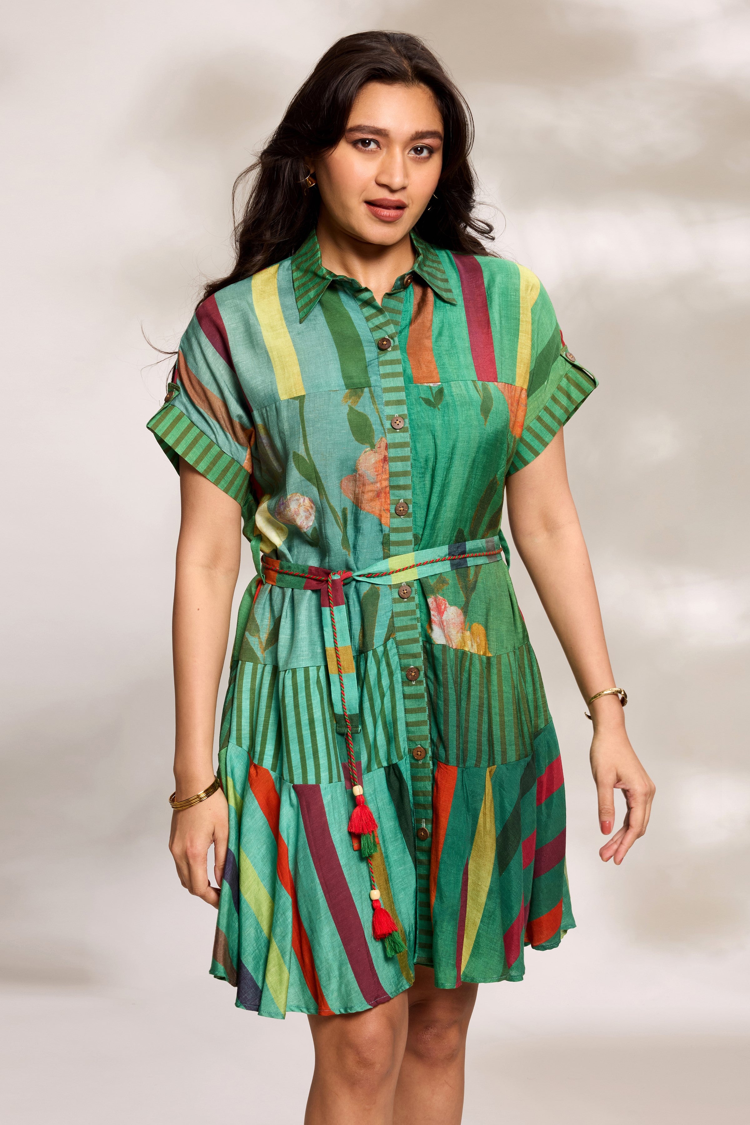 Green Printed Tiered Dress