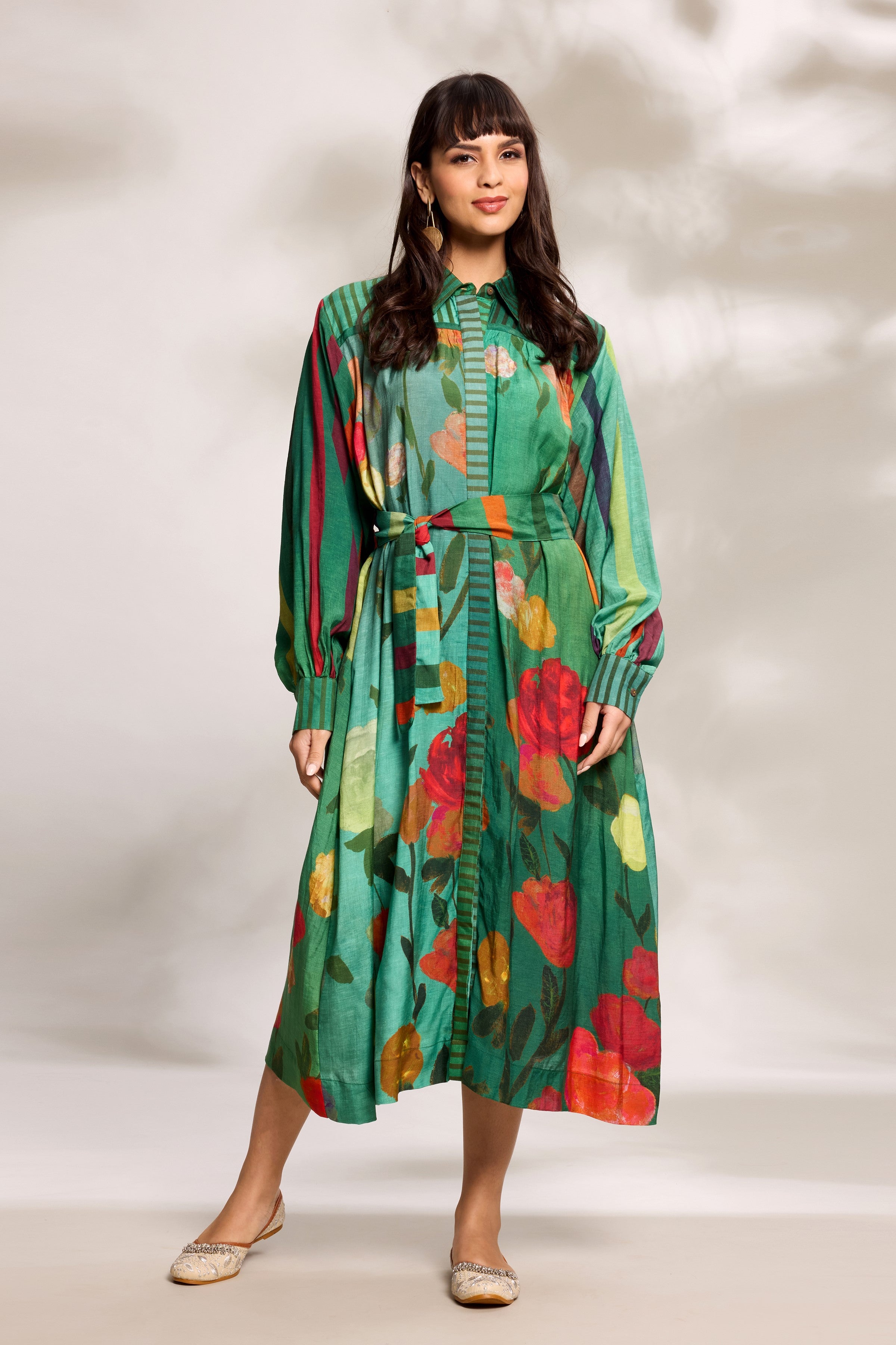 Green Printed Midi Shirt Dress