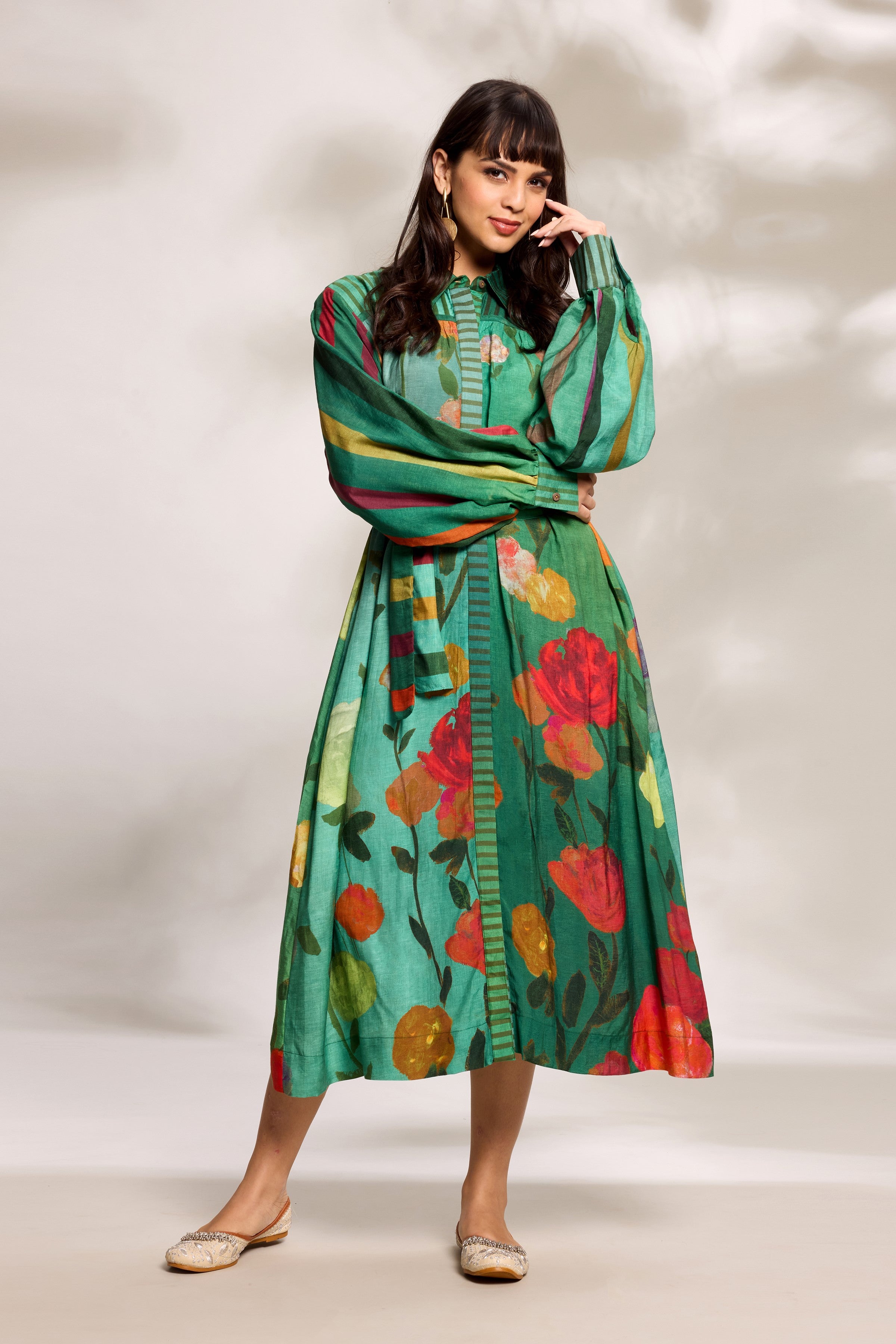 Green Printed Midi Shirt Dress