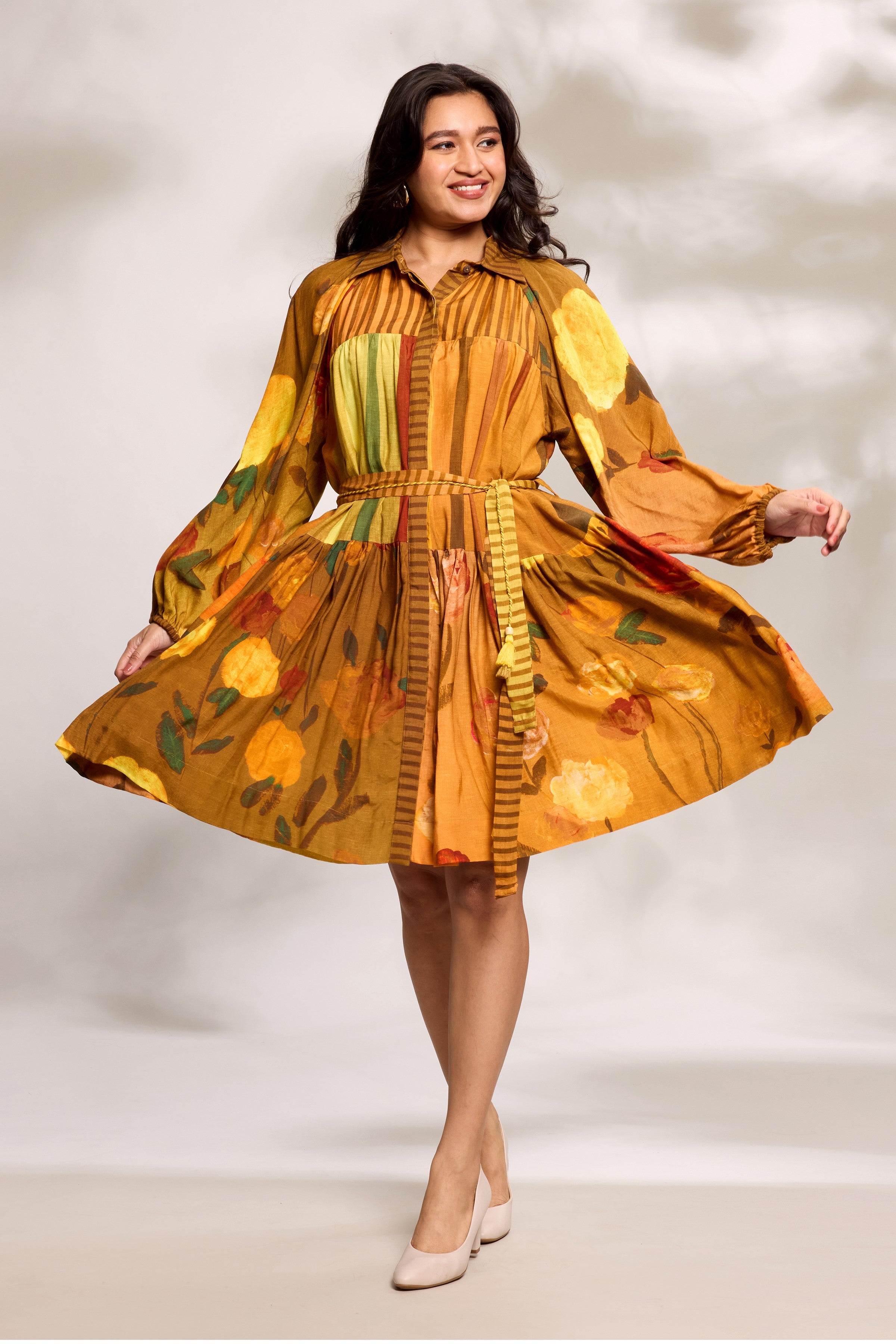 Mustard Digital Printed Tiered Dress