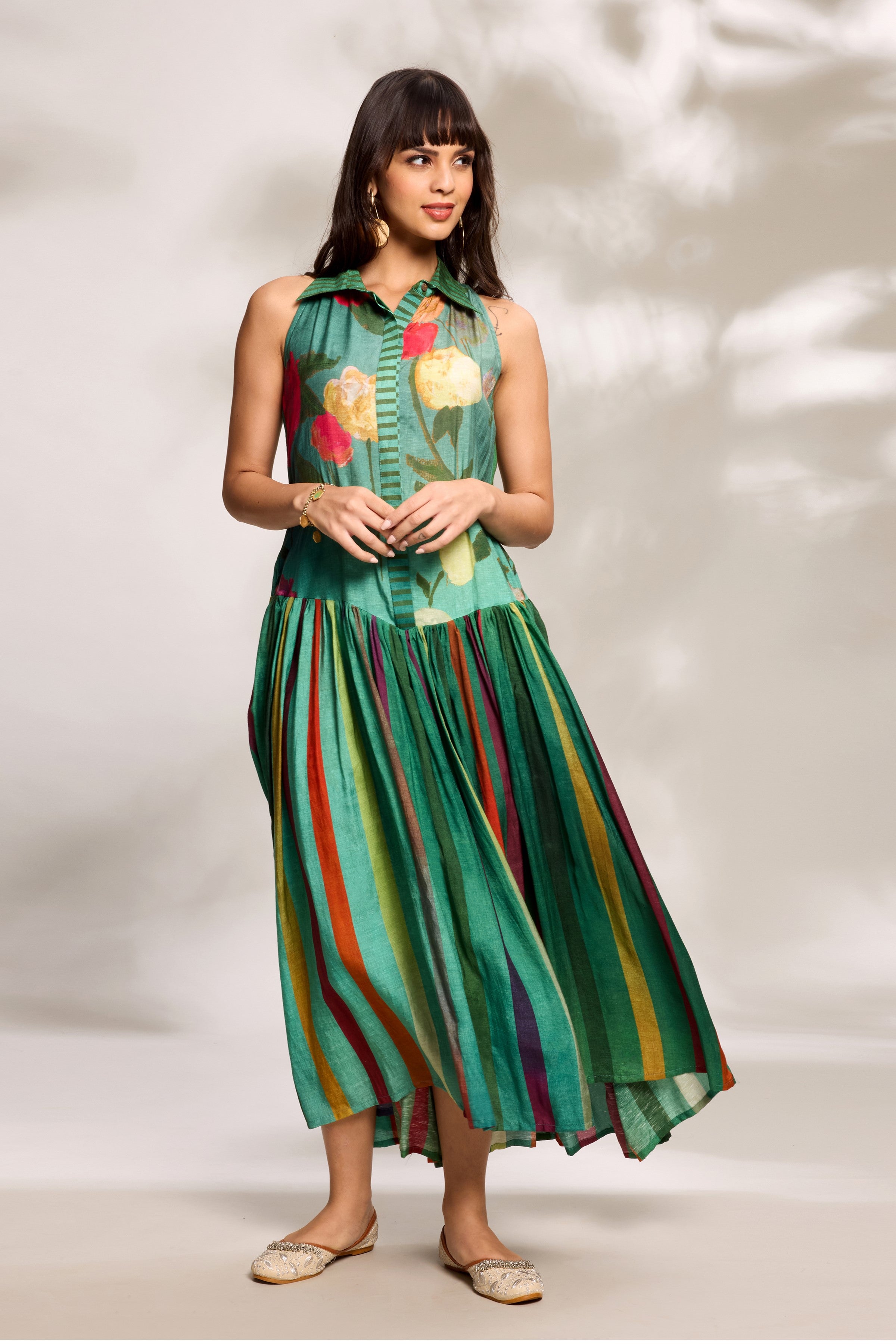 Green Printed Yoke Dress