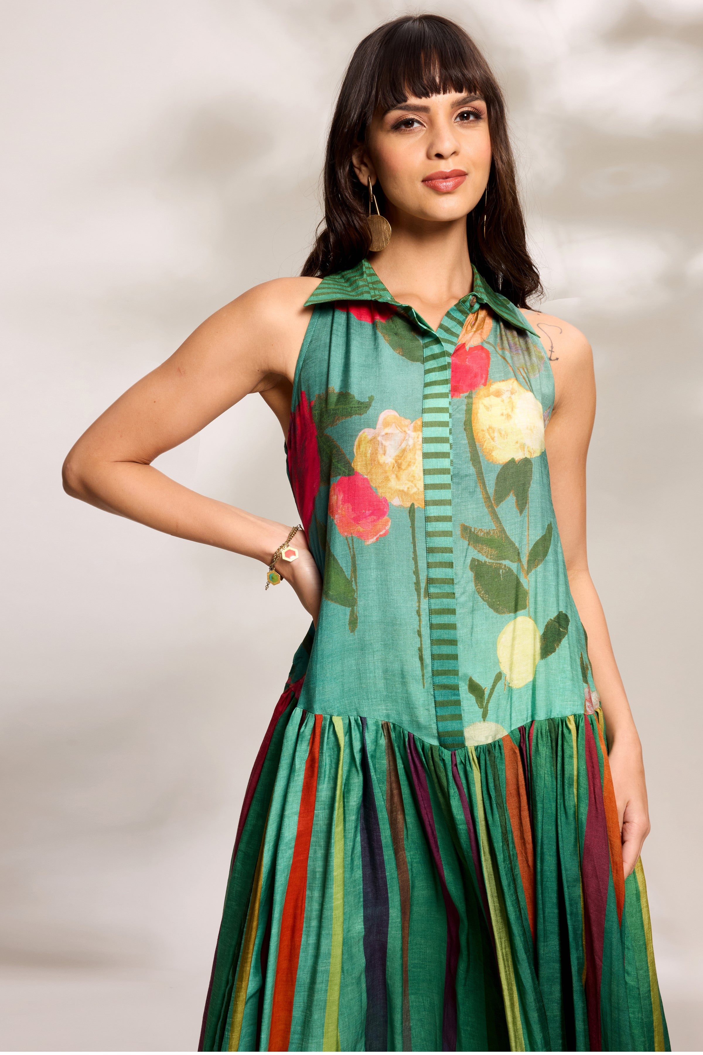 Green Printed Yoke Dress