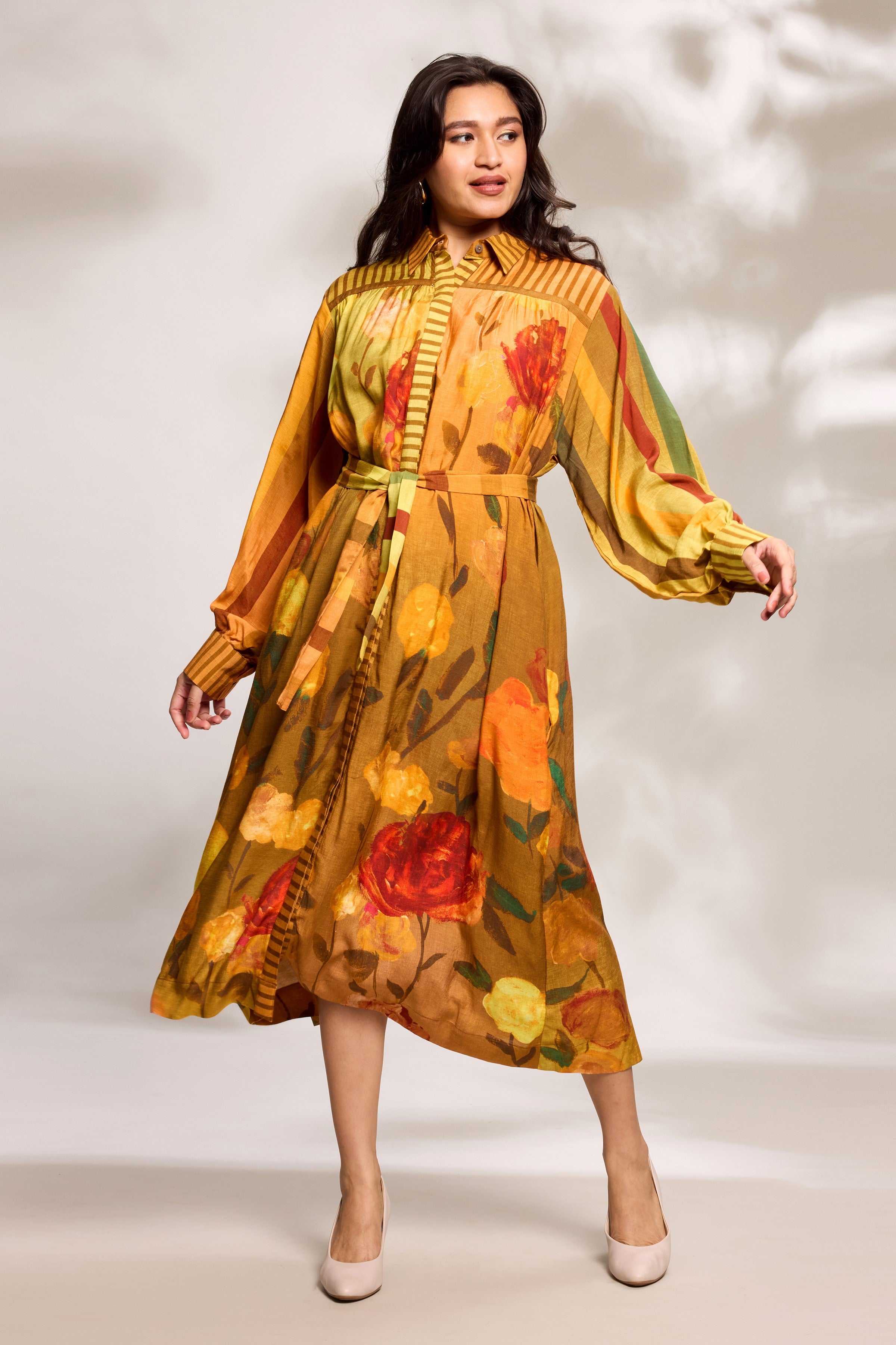 Mustard Printed Midi Shirt Dress