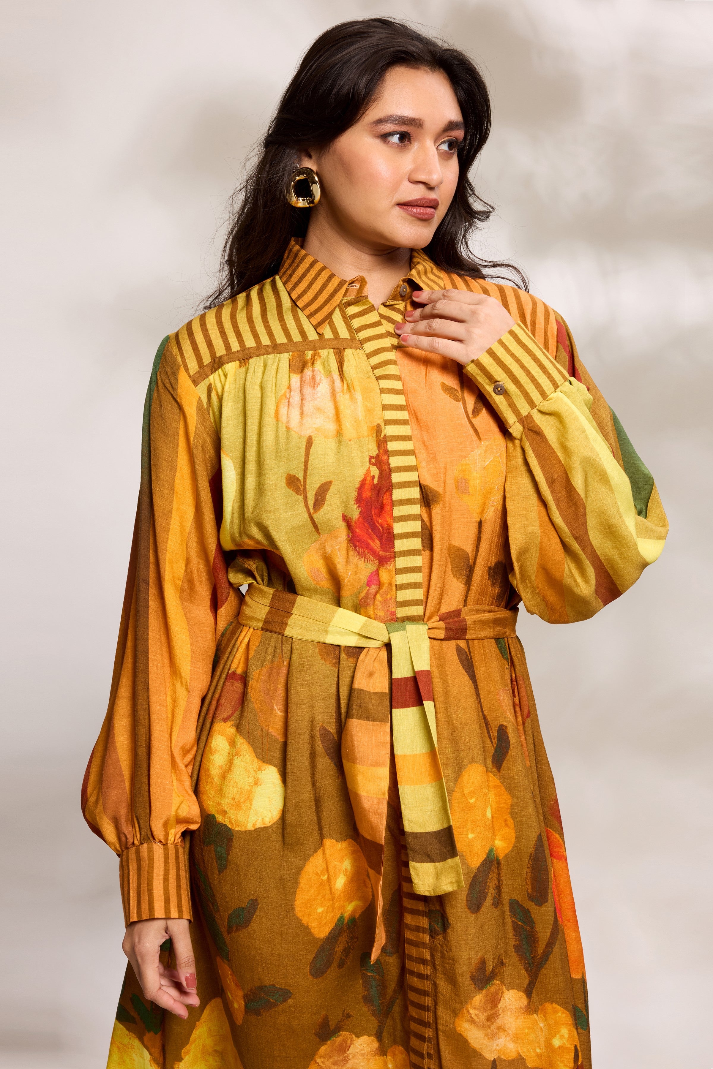Mustard Printed Midi Shirt Dress