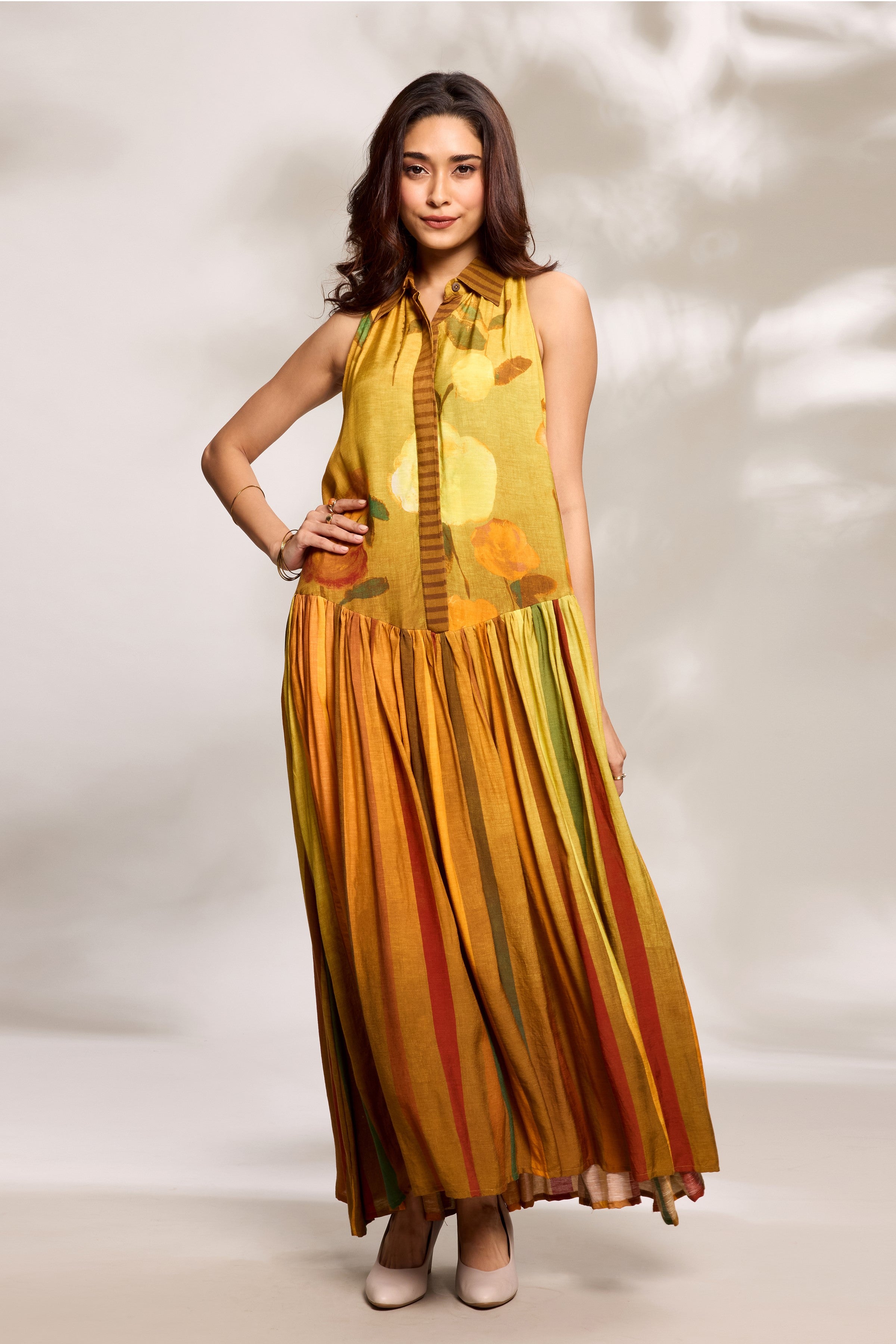 Mustard Printed Yoke Dress
