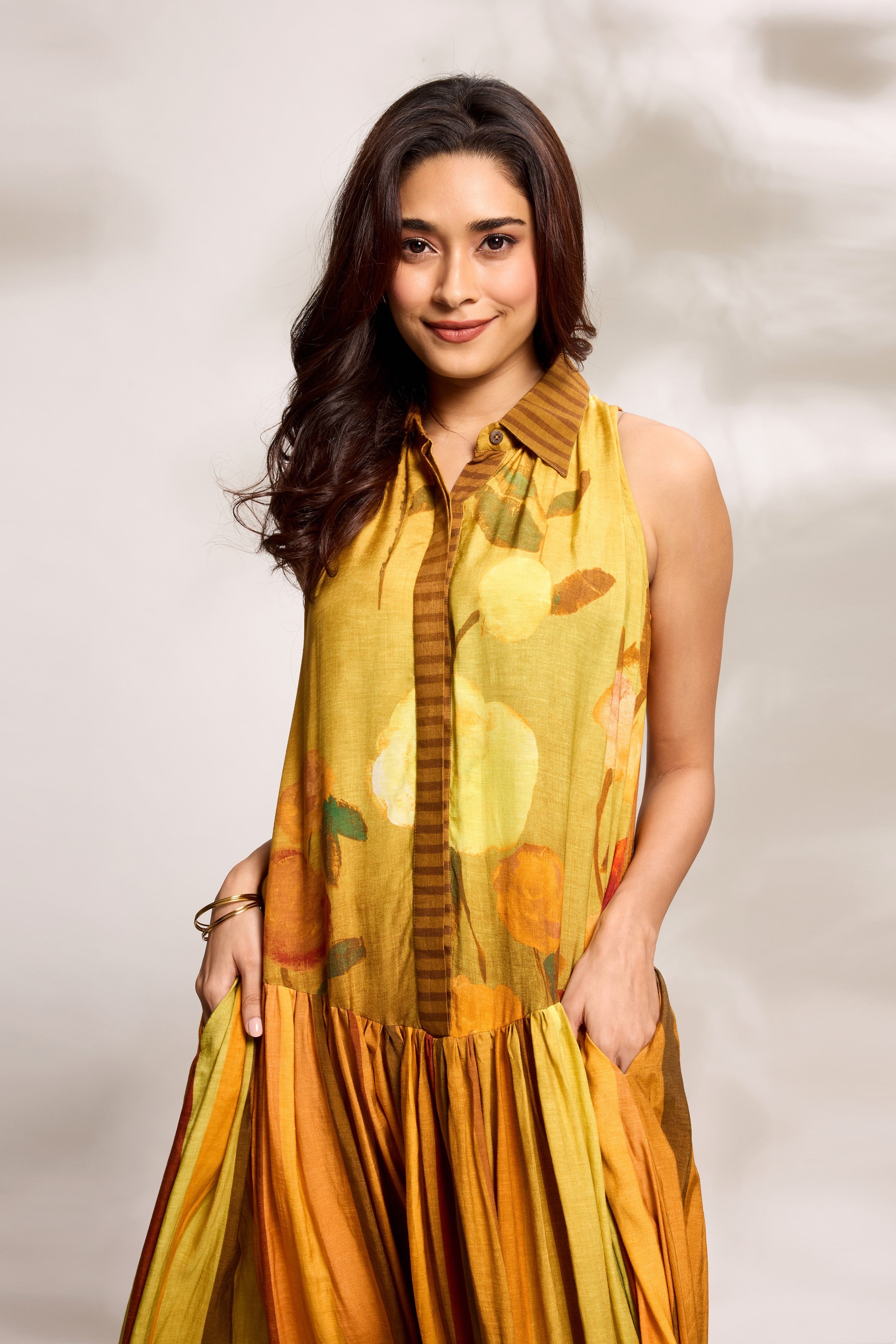 Mustard Printed Yoke Dress