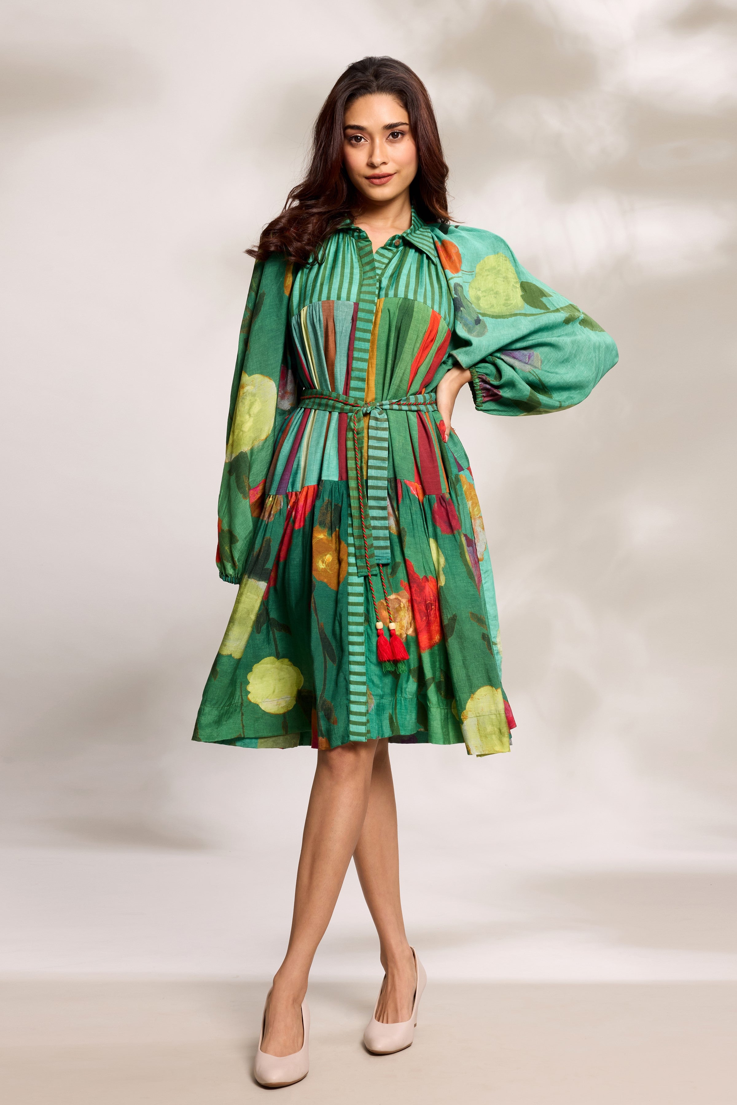 Green Digital Printed Tiered Dress