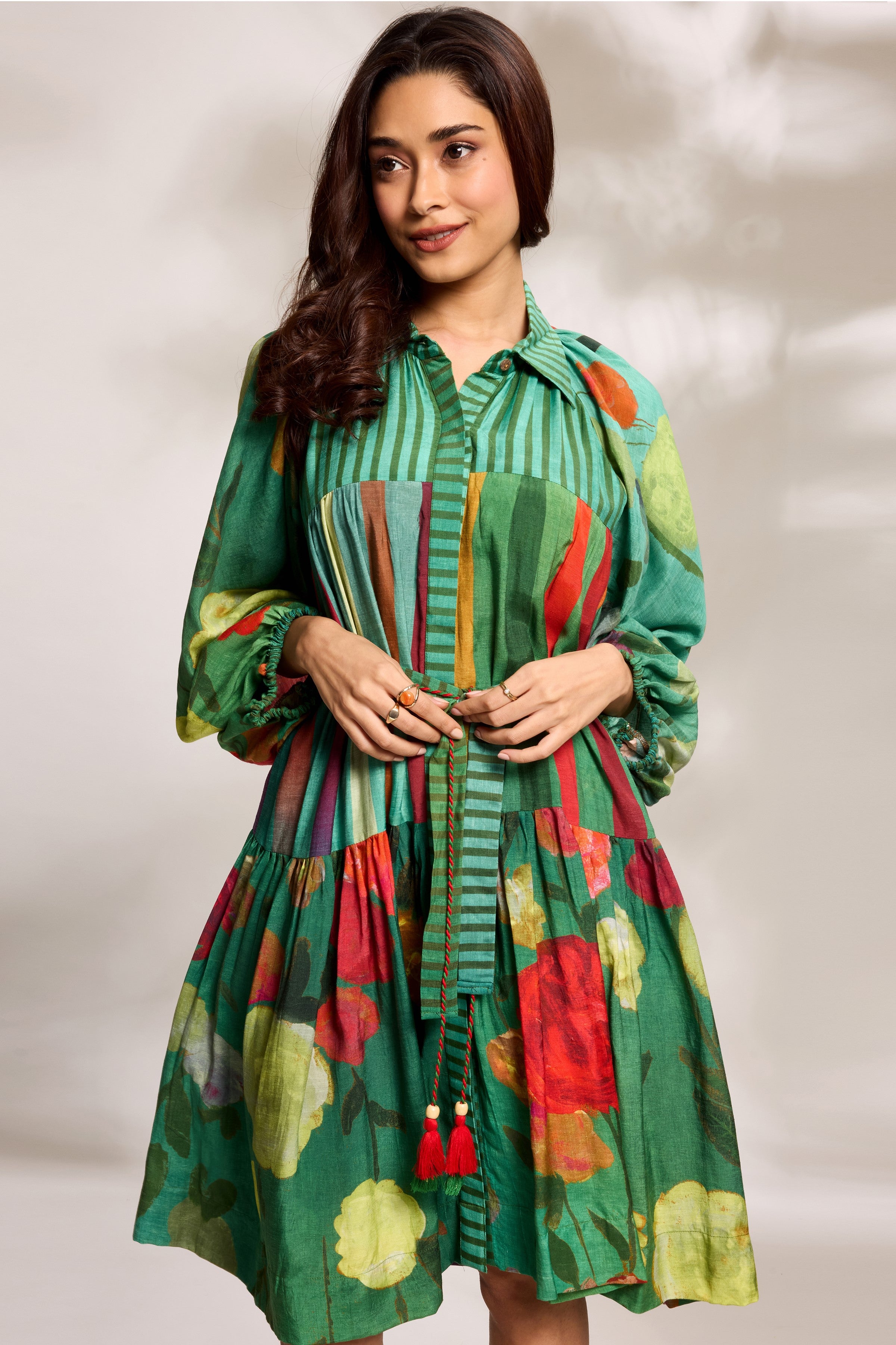 Green Digital Printed Tiered Dress