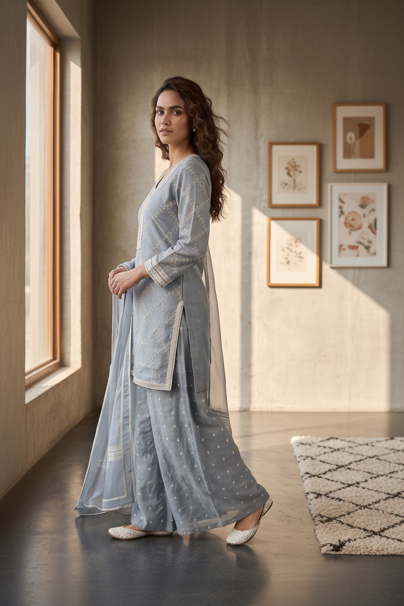Slate Grey Embroidered Mul-Chanderi Silk Suit Set