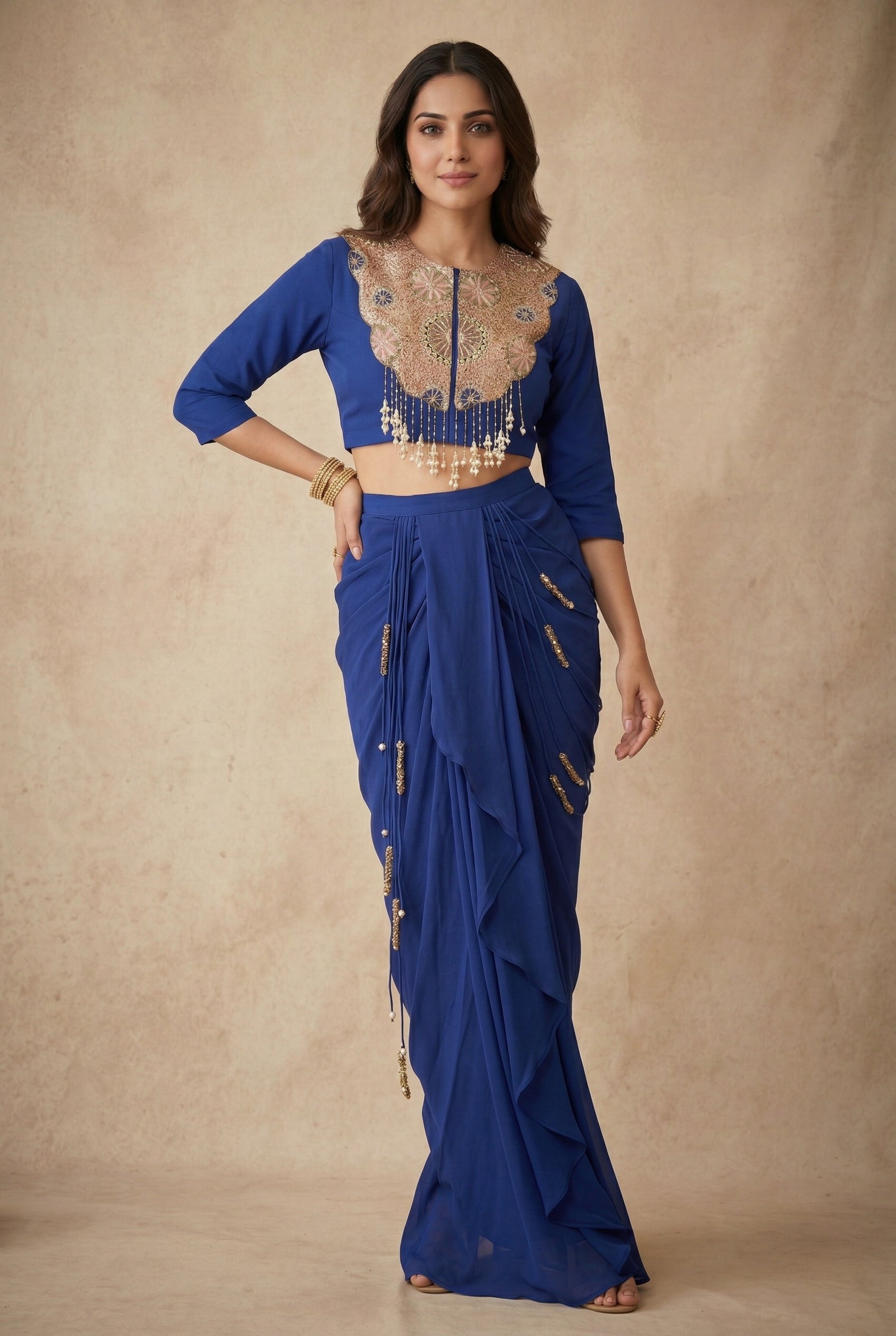 Imperial Blue Embellished Crepe Silk Skirt Set