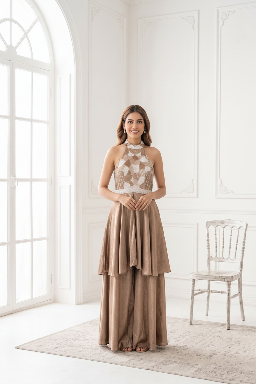 Champange Bronze Embellished Satin Silk Palazzo Set