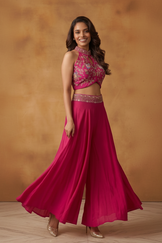 Rani Pink Embellished Crepe Silk Palazzo Set