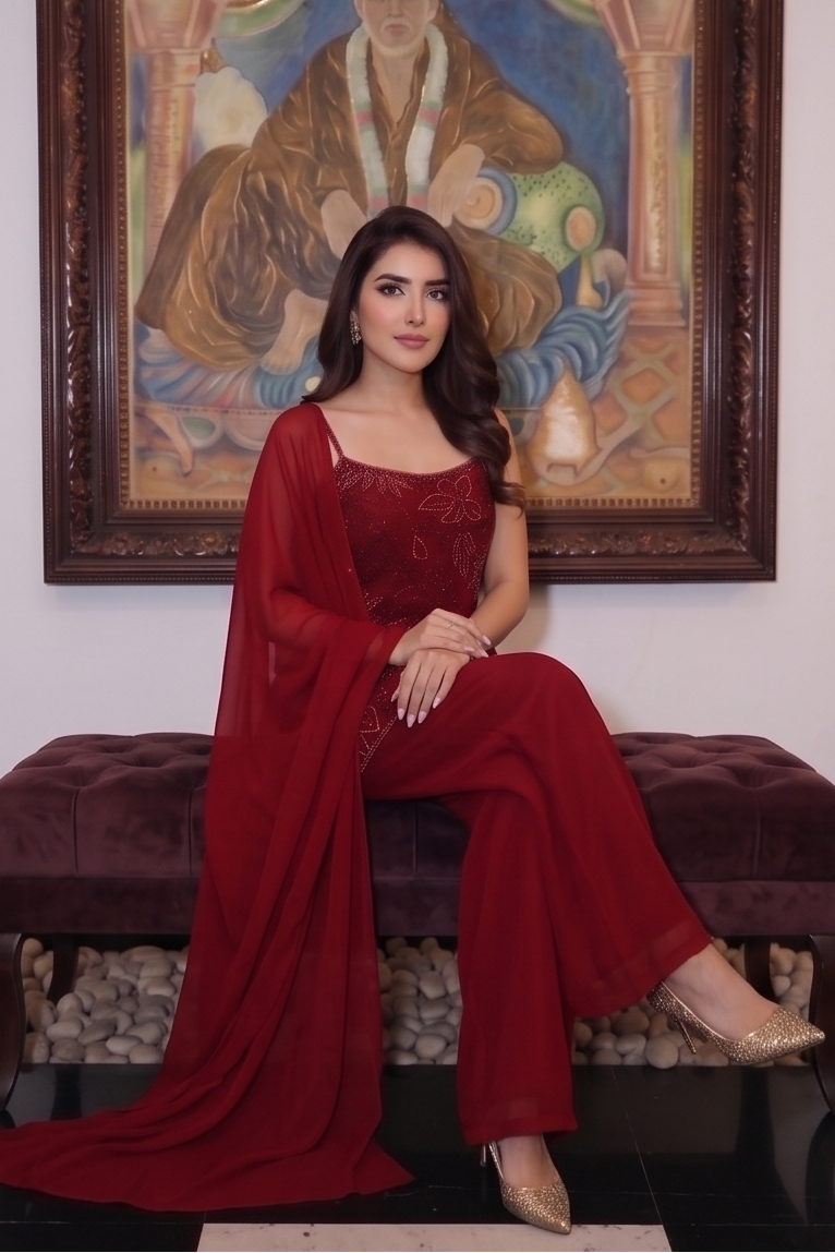 Ruby Red Embellished Georgette Silk Palazzo Set