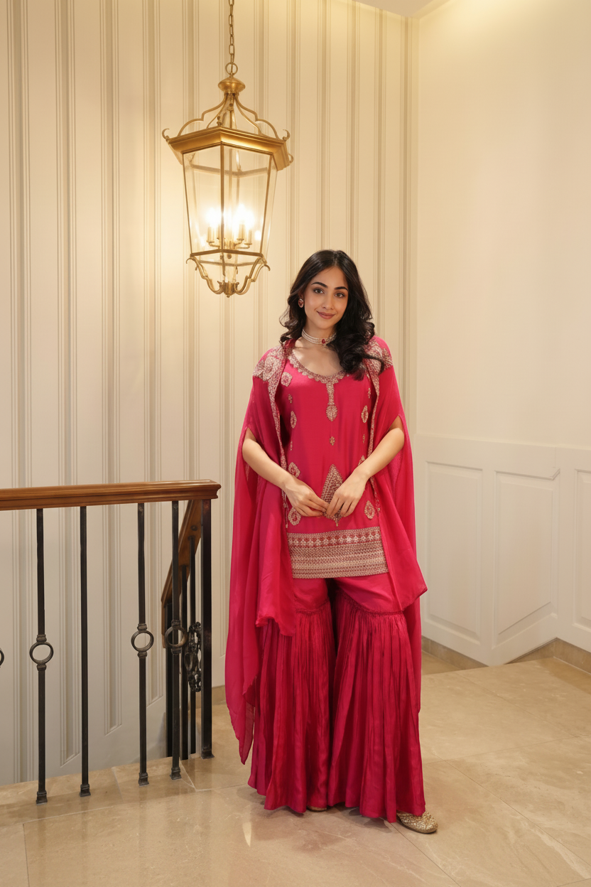 Ruby Pink Embellished Raw Silk Sharara Set