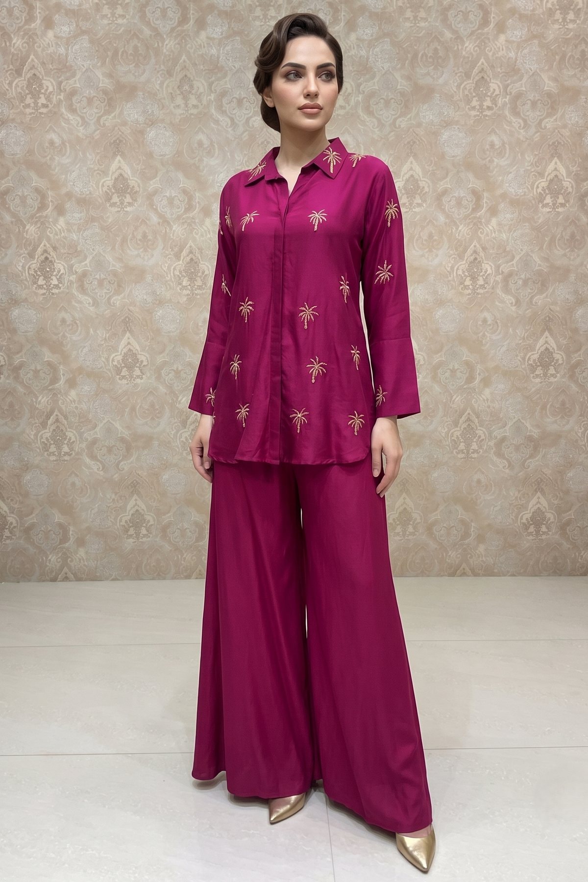 Magenta Pink Embellished Crepe Silk Co-Ord Set