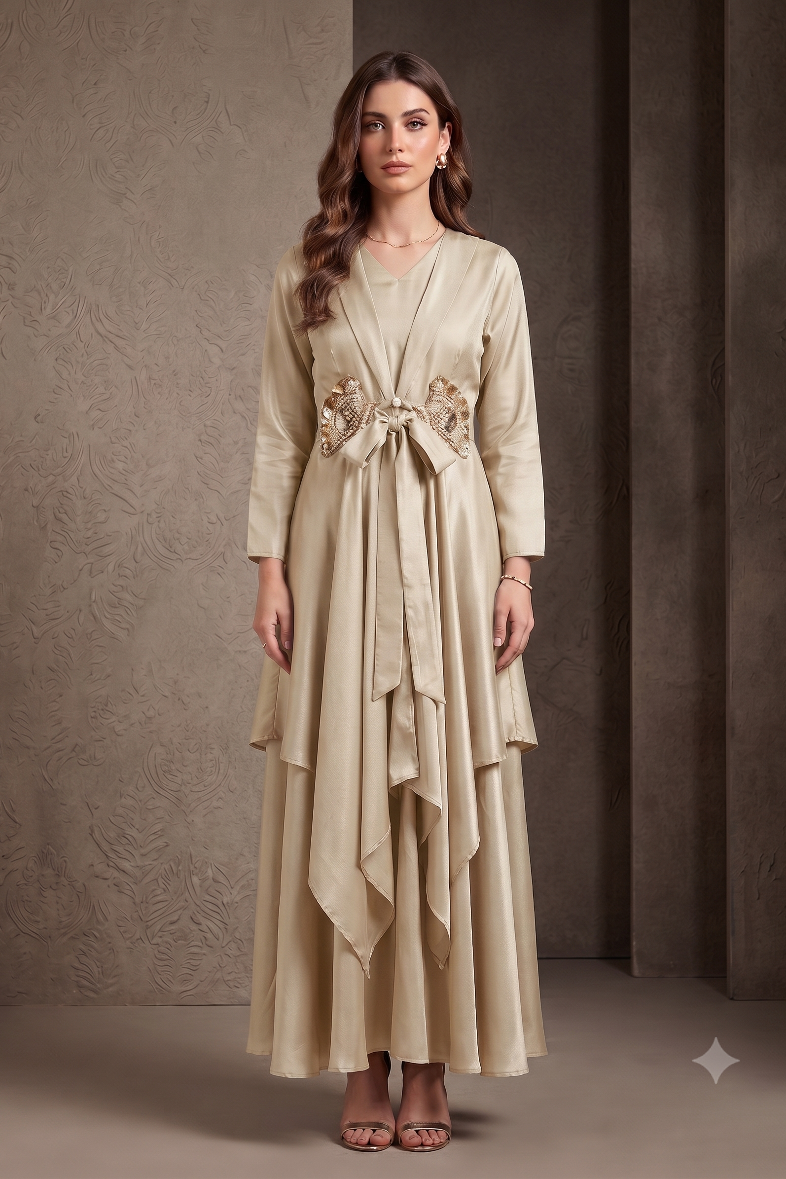 Metallic Beige Embellished Crepe Silk Palazzo Set