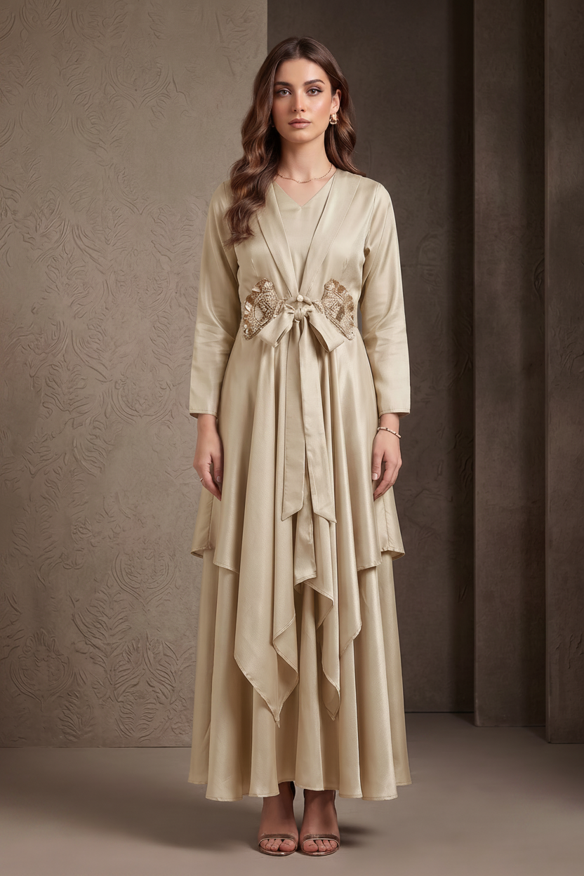 Metallic Beige Embellished Crepe Silk Palazzo Set