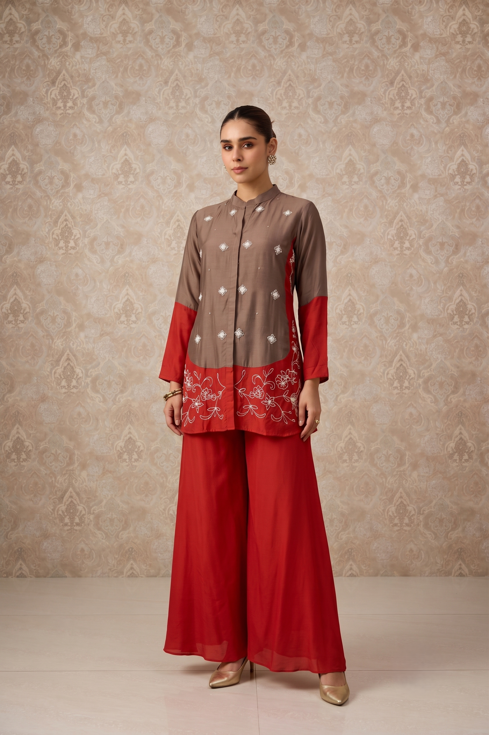 Taupe Brown Embellished Crepe Silk Co-ord Set