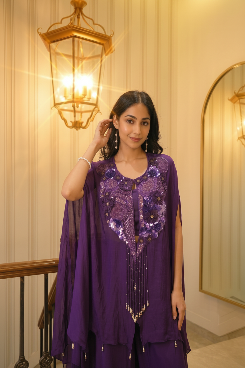 Royal Purple Embellished Chinon Silk Palazzo Set