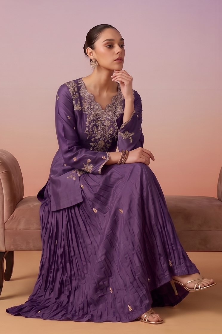 Plum Purple Embellished Chinon Silk Skirt Set